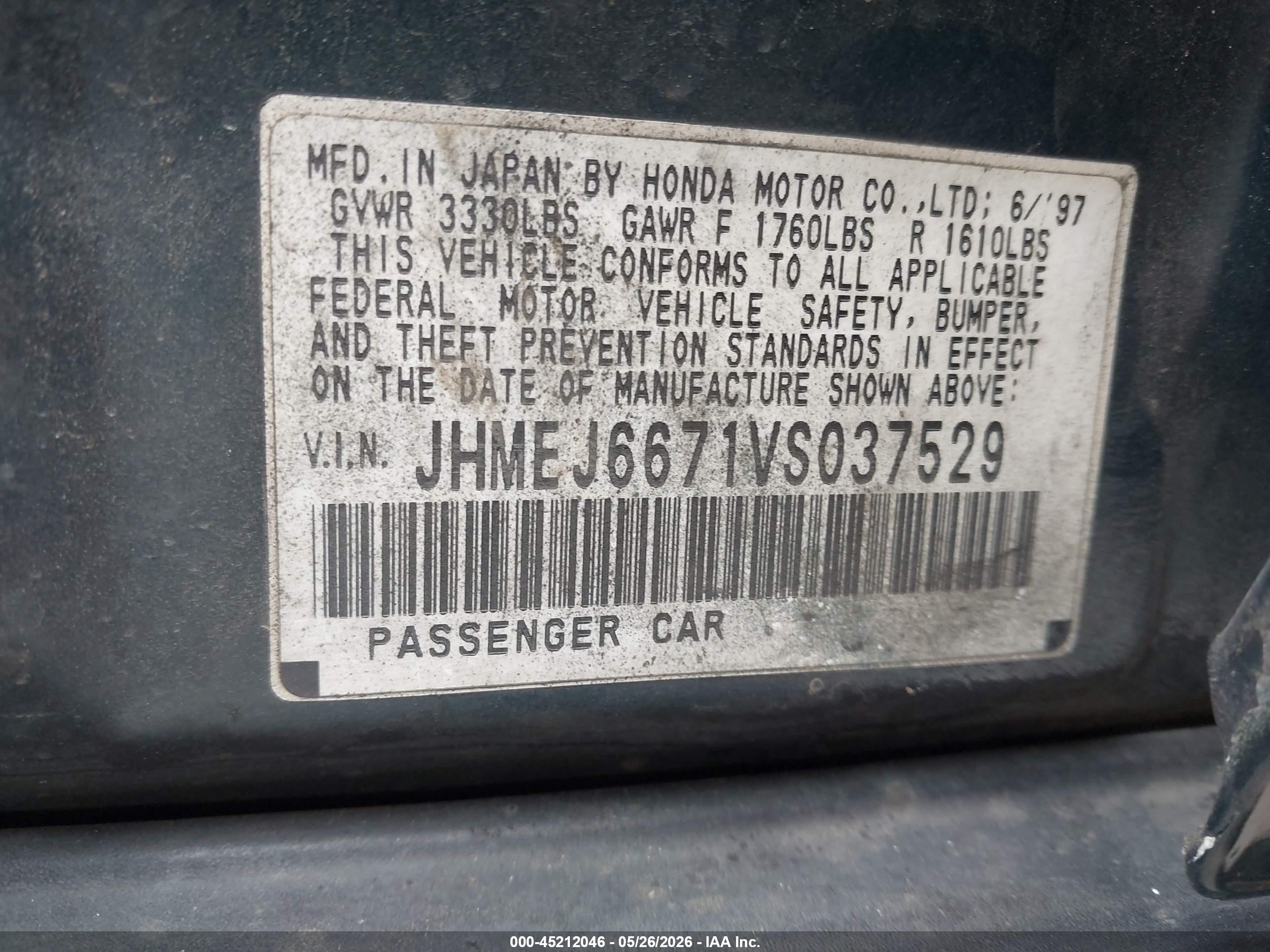 1997 Honda Civic Lx Green vin: JHMEJ6671VS037529