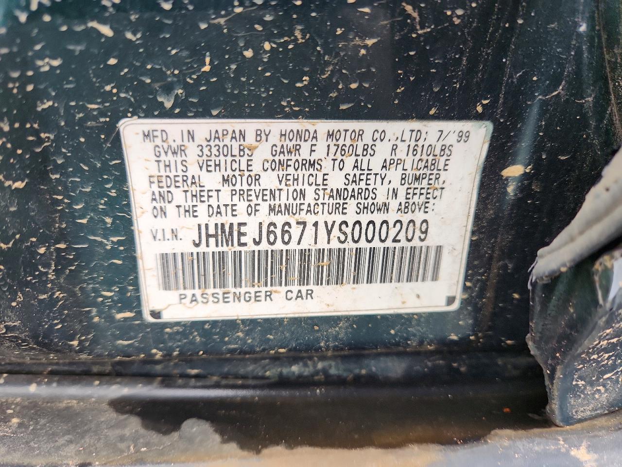 2000 Honda Civic Lx Green vin: JHMEJ6671YS000209