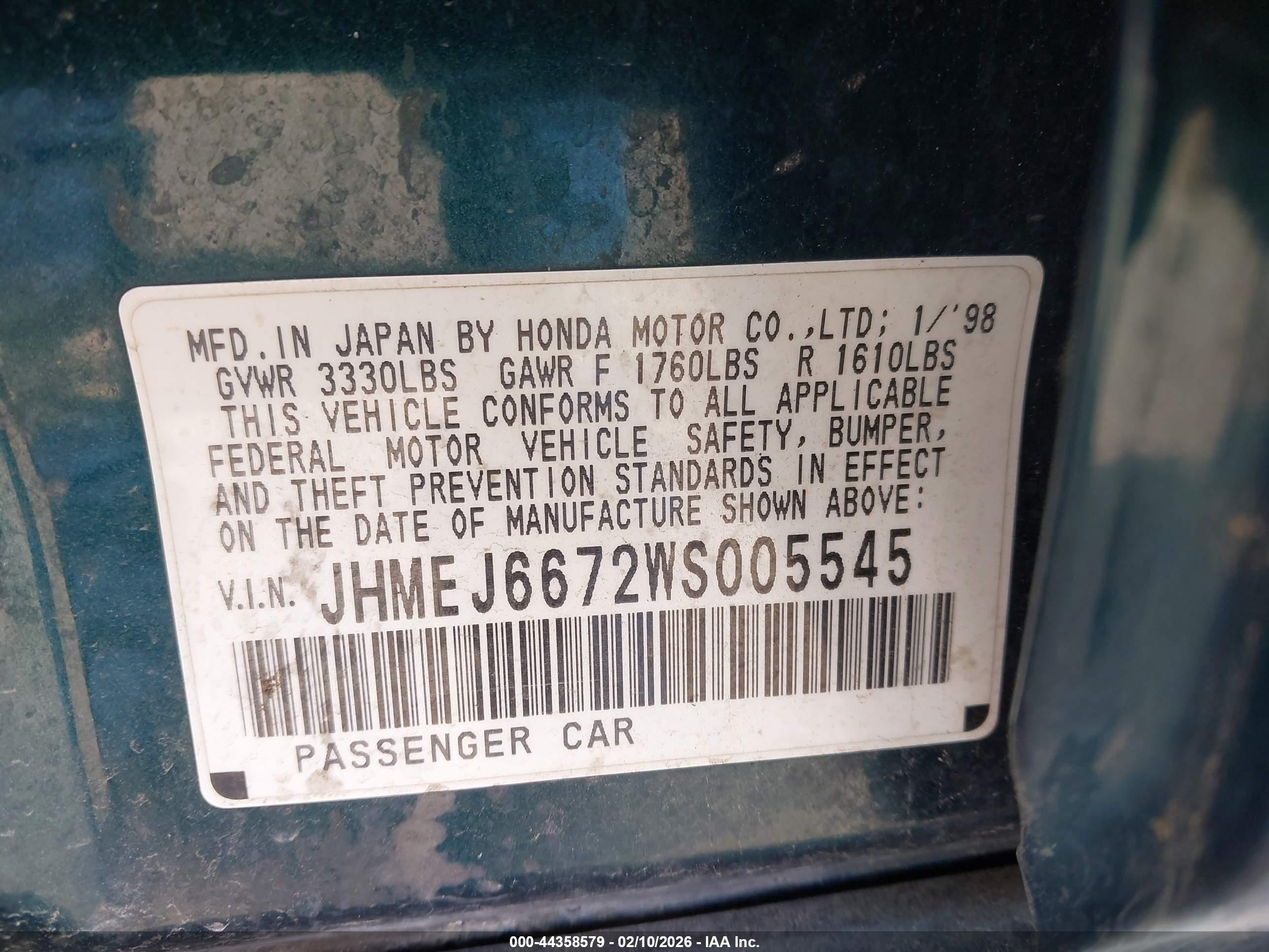 1998 Honda Civic Lx Green vin: JHMEJ6672WS005545