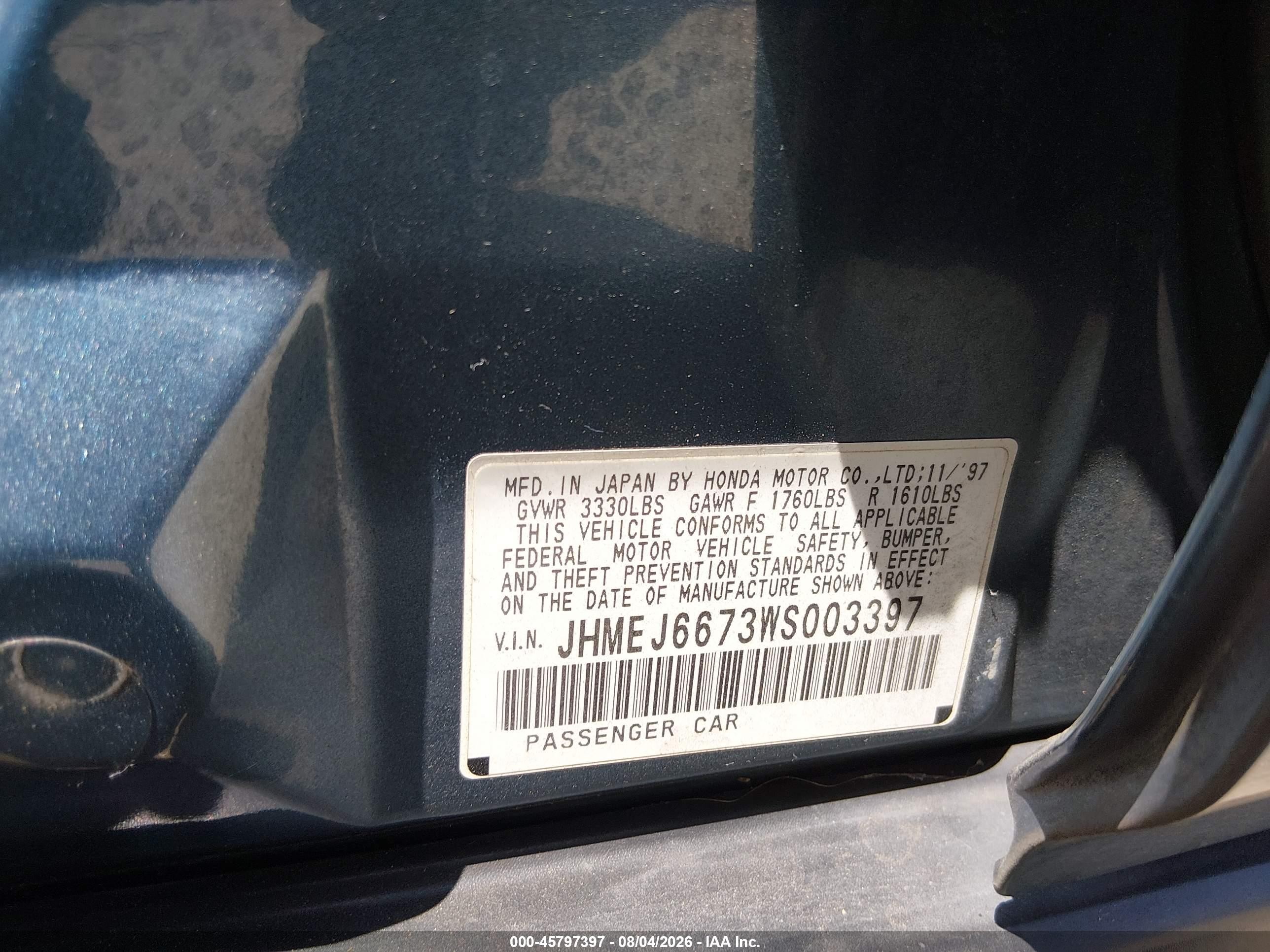 1998 Honda Civic Lx Turquoise vin: JHMEJ6673WS003397