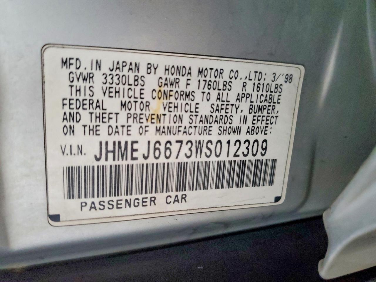 1998 Honda Civic Lx Silver vin: JHMEJ6673WS012309