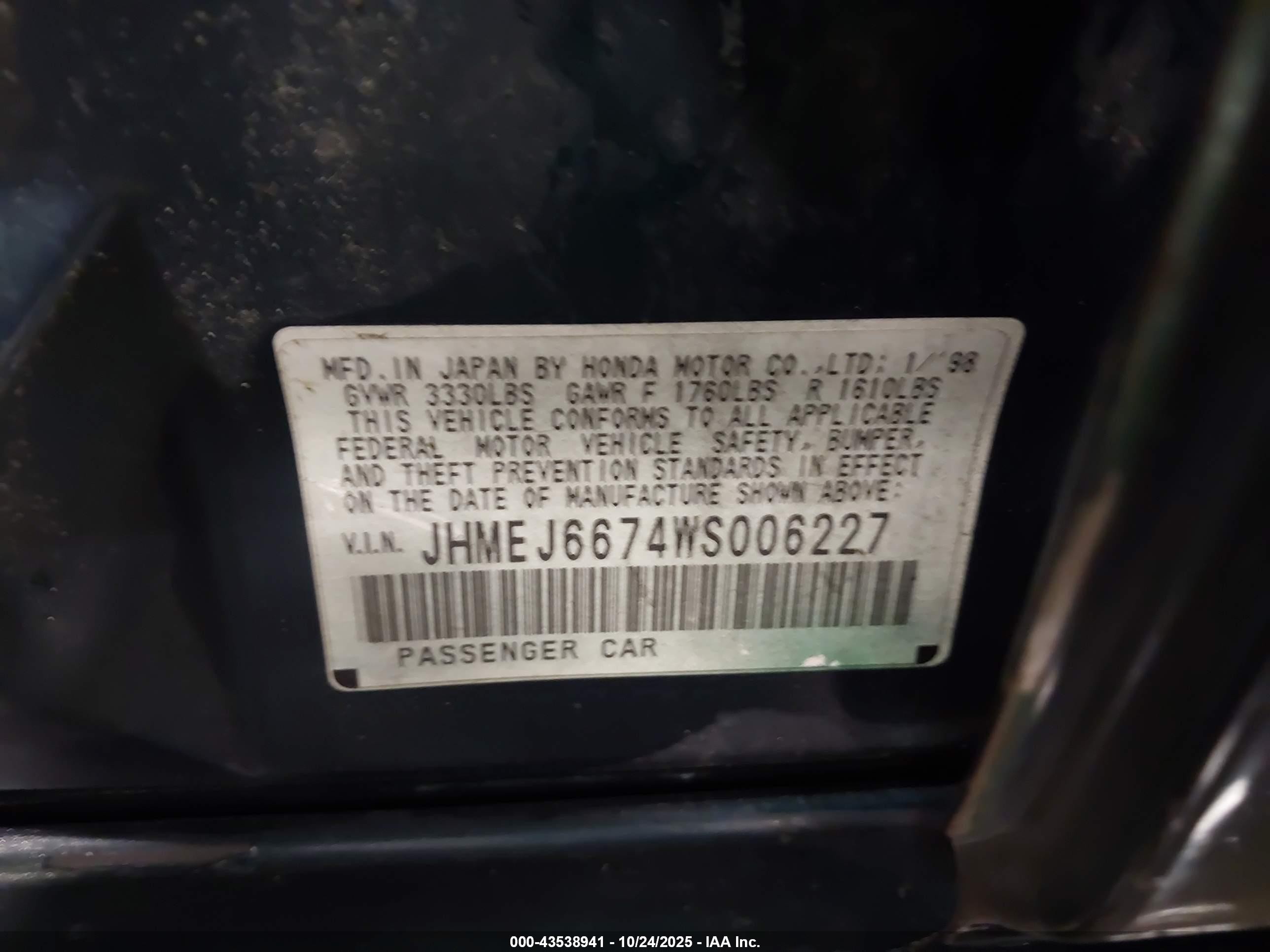 1998 Honda Civic Lx Зеленый vin: JHMEJ6674WS006227
