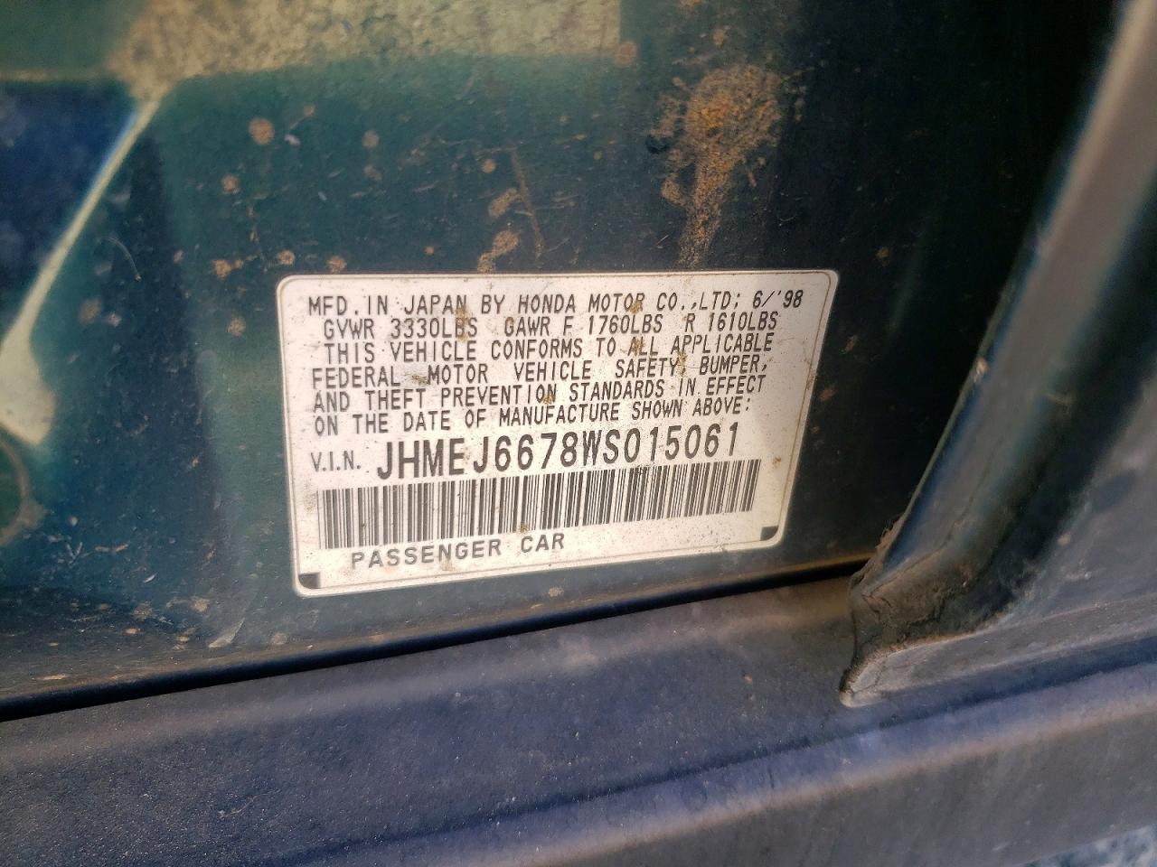 1998 Honda Civic Lx Серый vin: JHMEJ6678WS015061