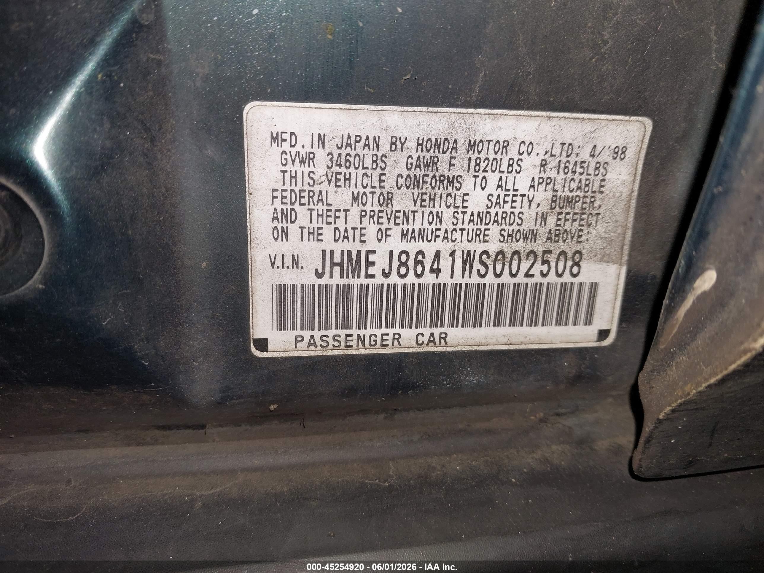 1998 Honda Civic Ex Green vin: JHMEJ8641WS002508