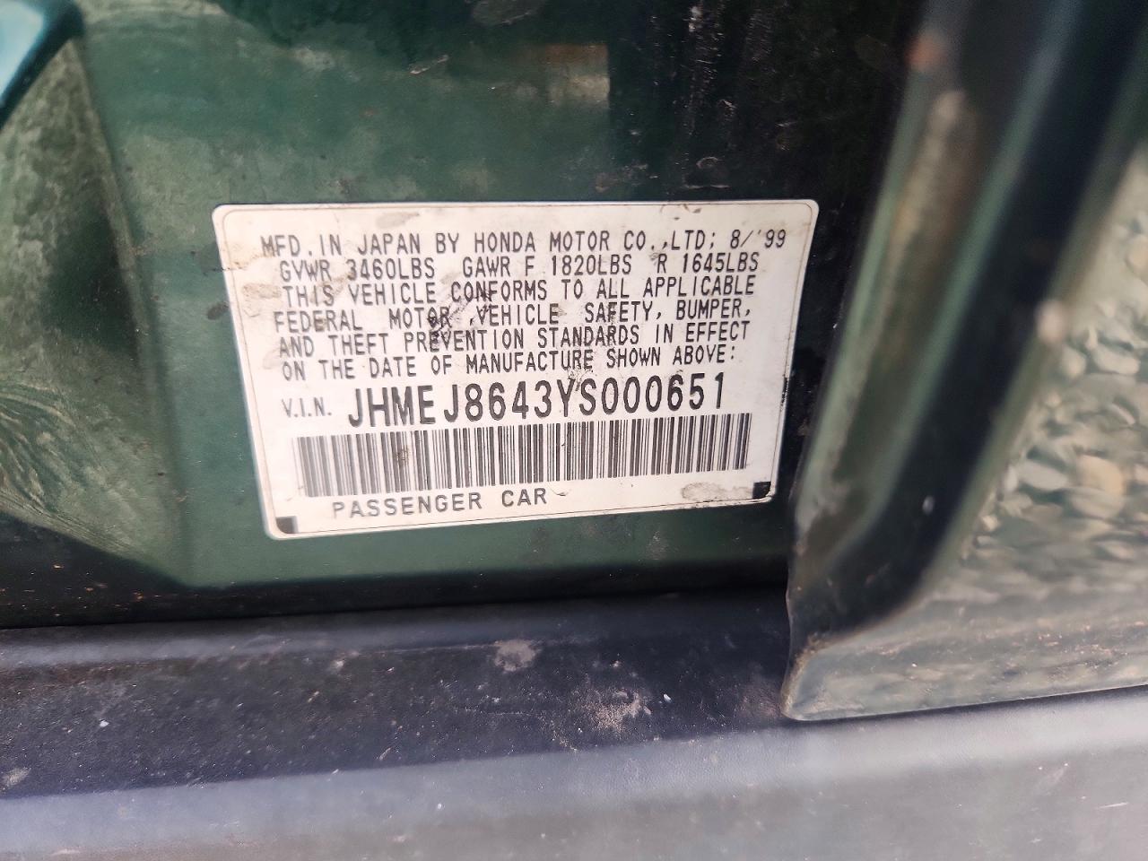 2000 Honda Civic Ex Green vin: JHMEJ8643YS000651