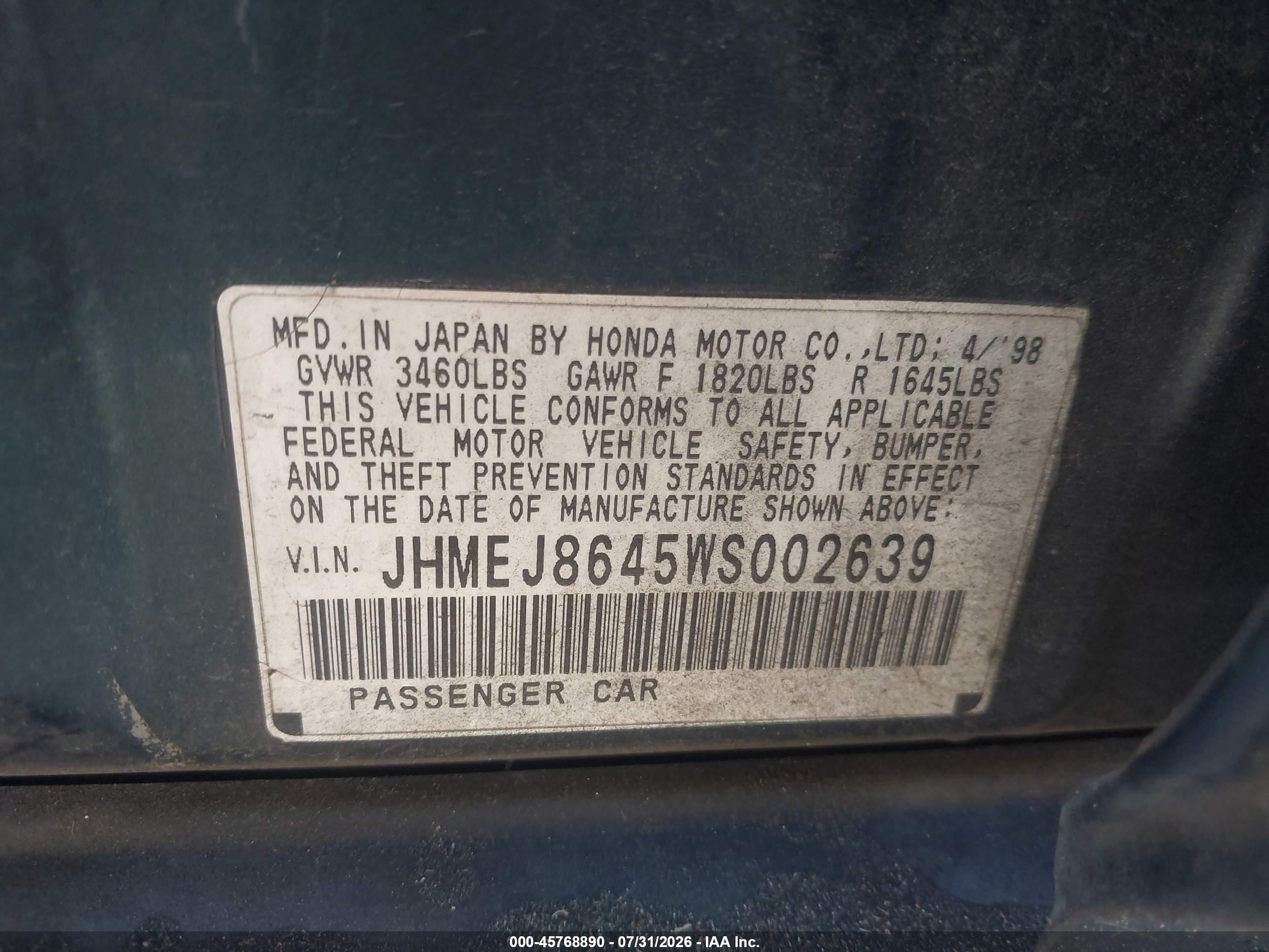 1998 Honda Civic Ex Зеленый vin: JHMEJ8645WS002639
