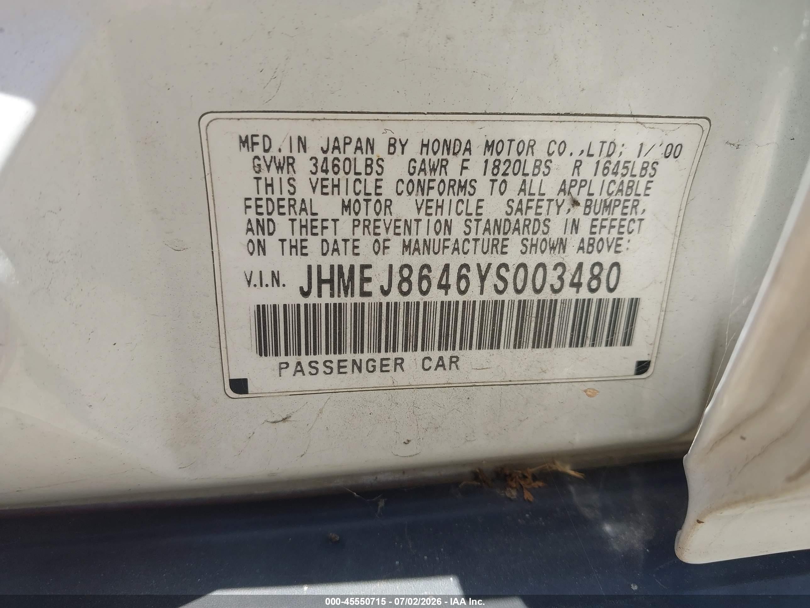 2000 Honda Civic Ex White vin: JHMEJ8646YS003480