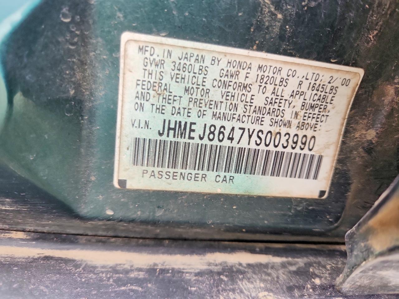 2000 Honda Civic Ex Green vin: JHMEJ8647YS003990