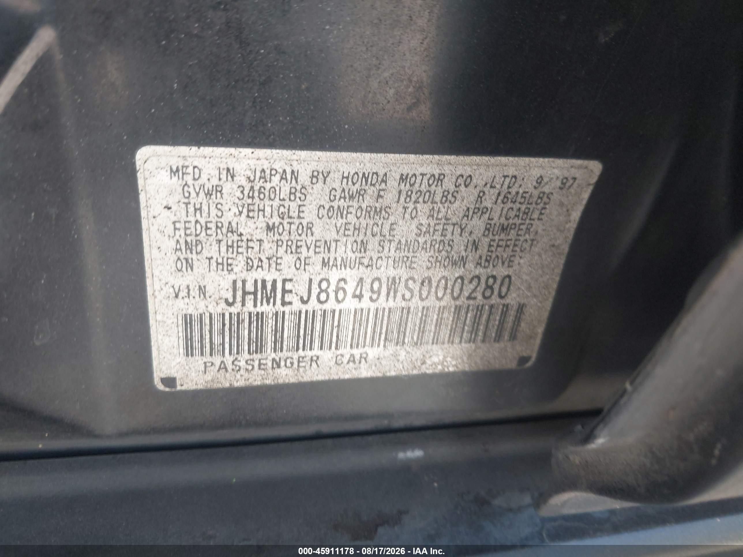 1998 Honda Civic Ex Black vin: JHMEJ8649WS000280