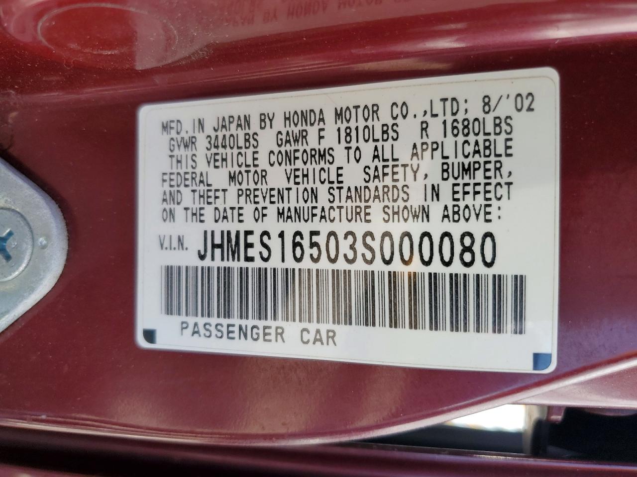 2003 Honda Civic Lx Burgundy vin: JHMES16503S000080
