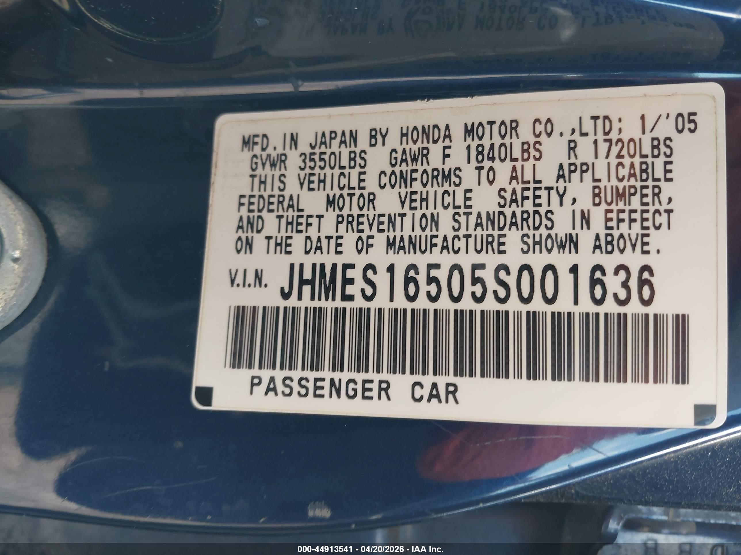 2005 Honda Civic Lx Blue vin: JHMES16505S001636