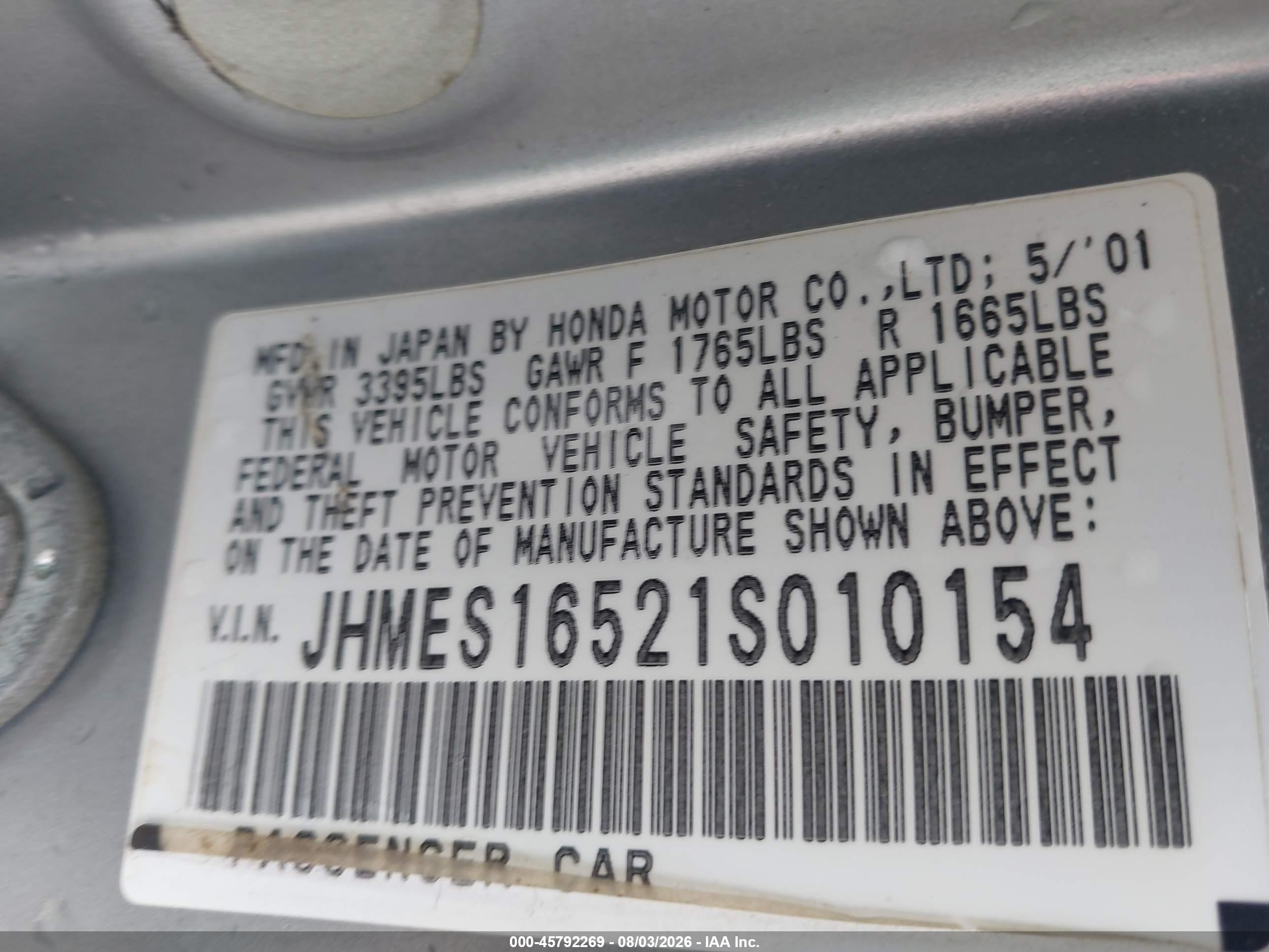 2001 Honda Civic Lx Silver vin: JHMES16521S010154