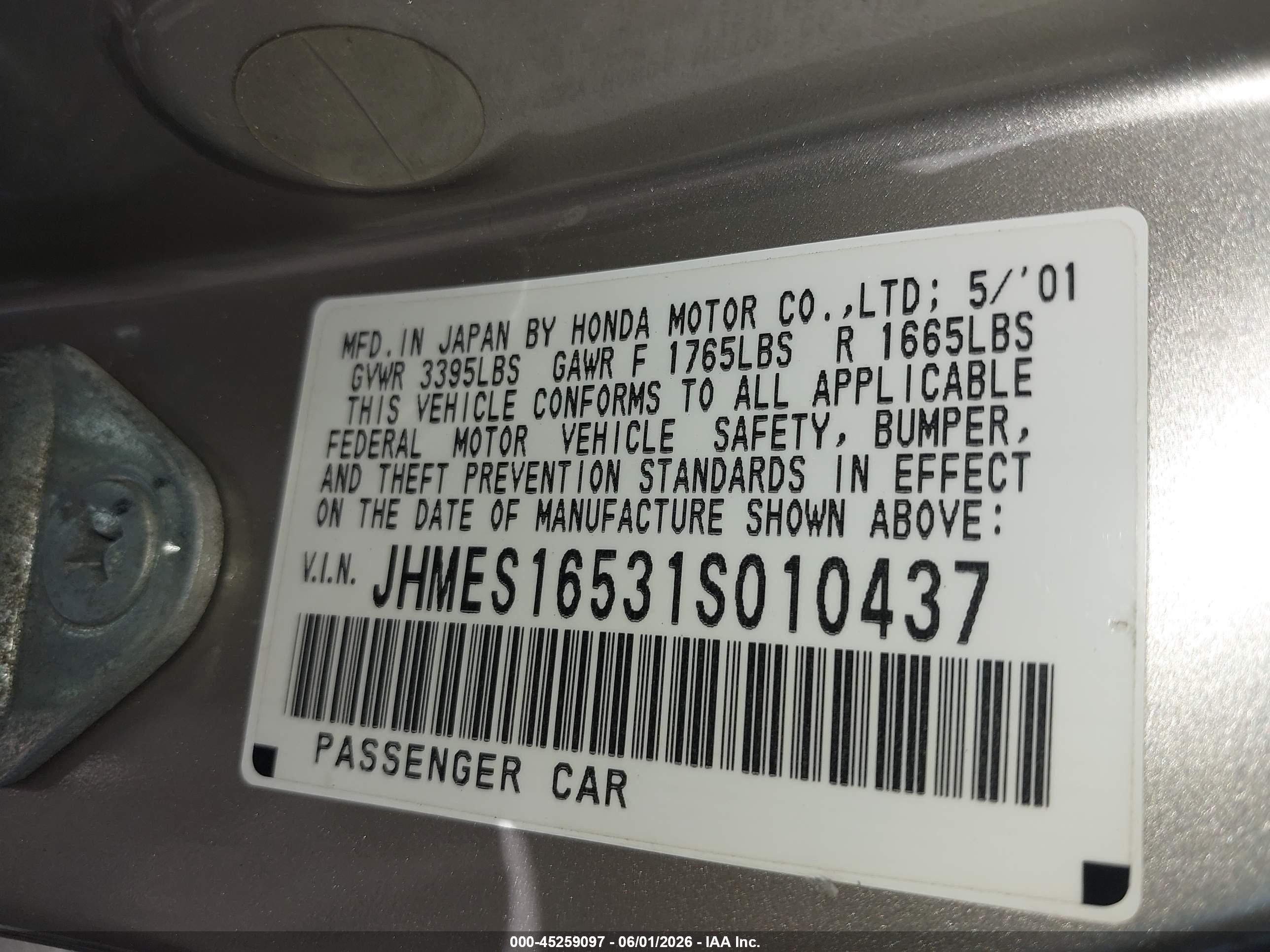 2001 Honda Civic Lx Beige vin: JHMES16531S010437