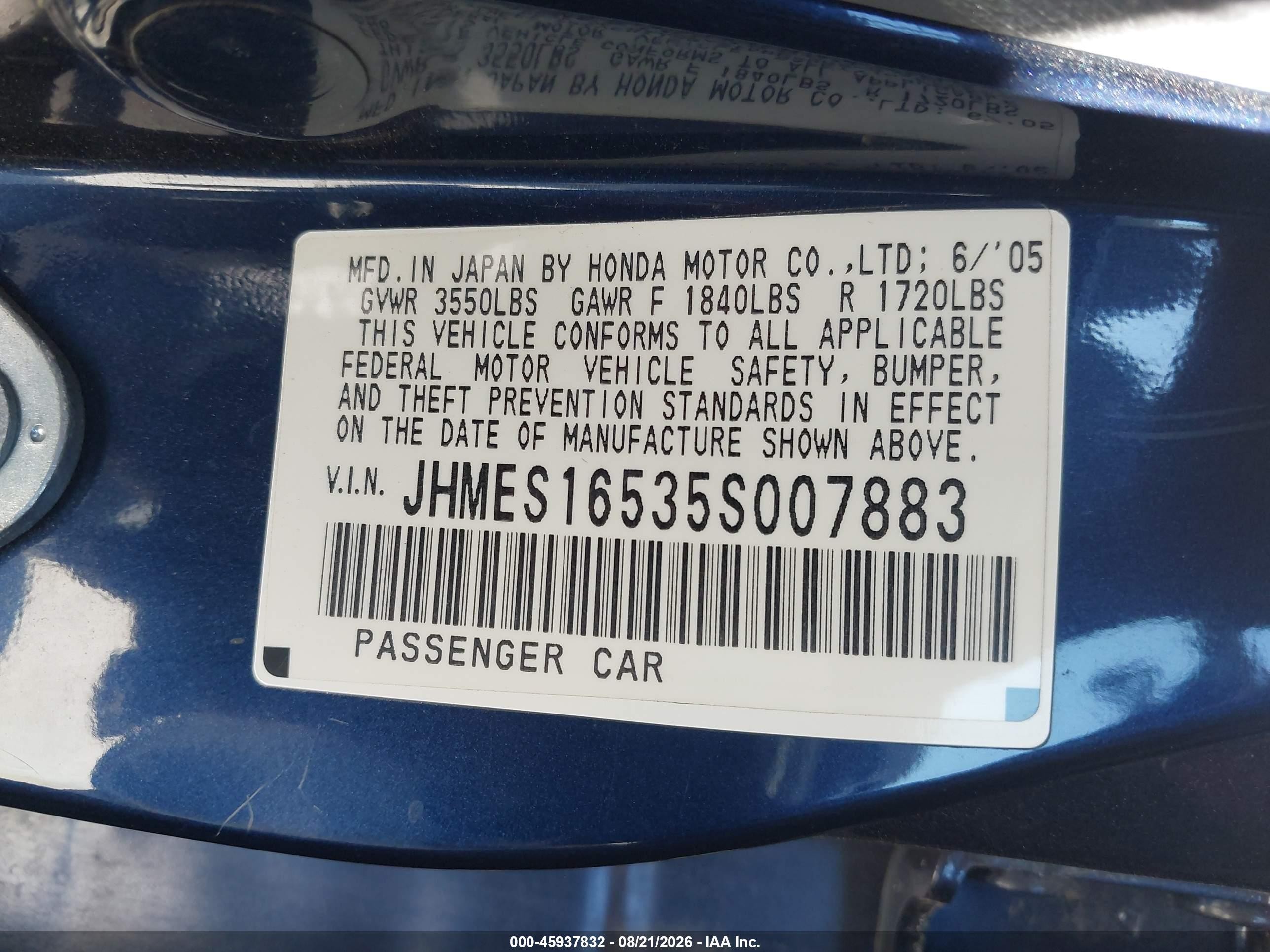 2005 Honda Civic Lx Dark Blue vin: JHMES16535S007883