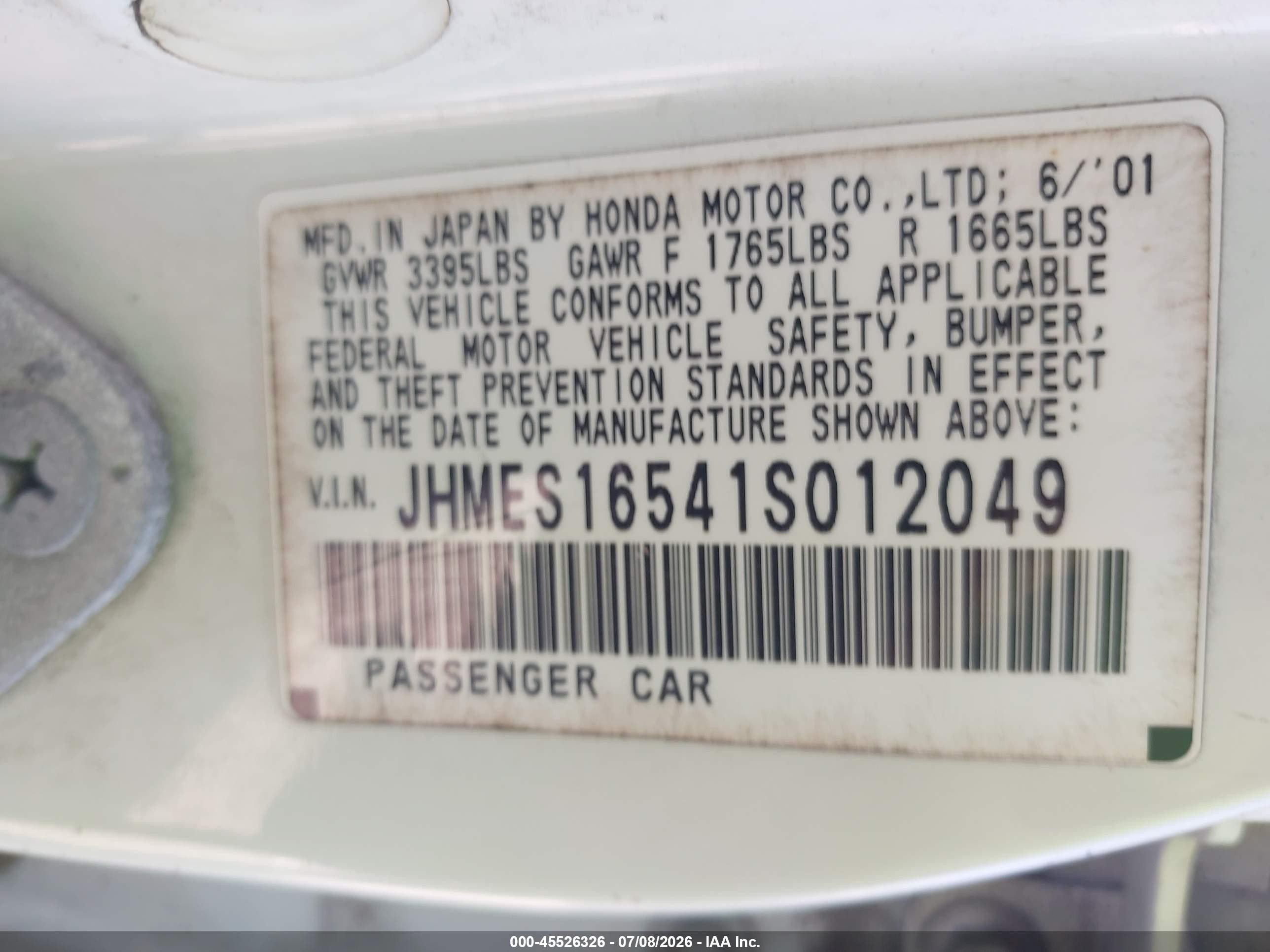 2001 Honda Civic Lx White vin: JHMES16541S012049
