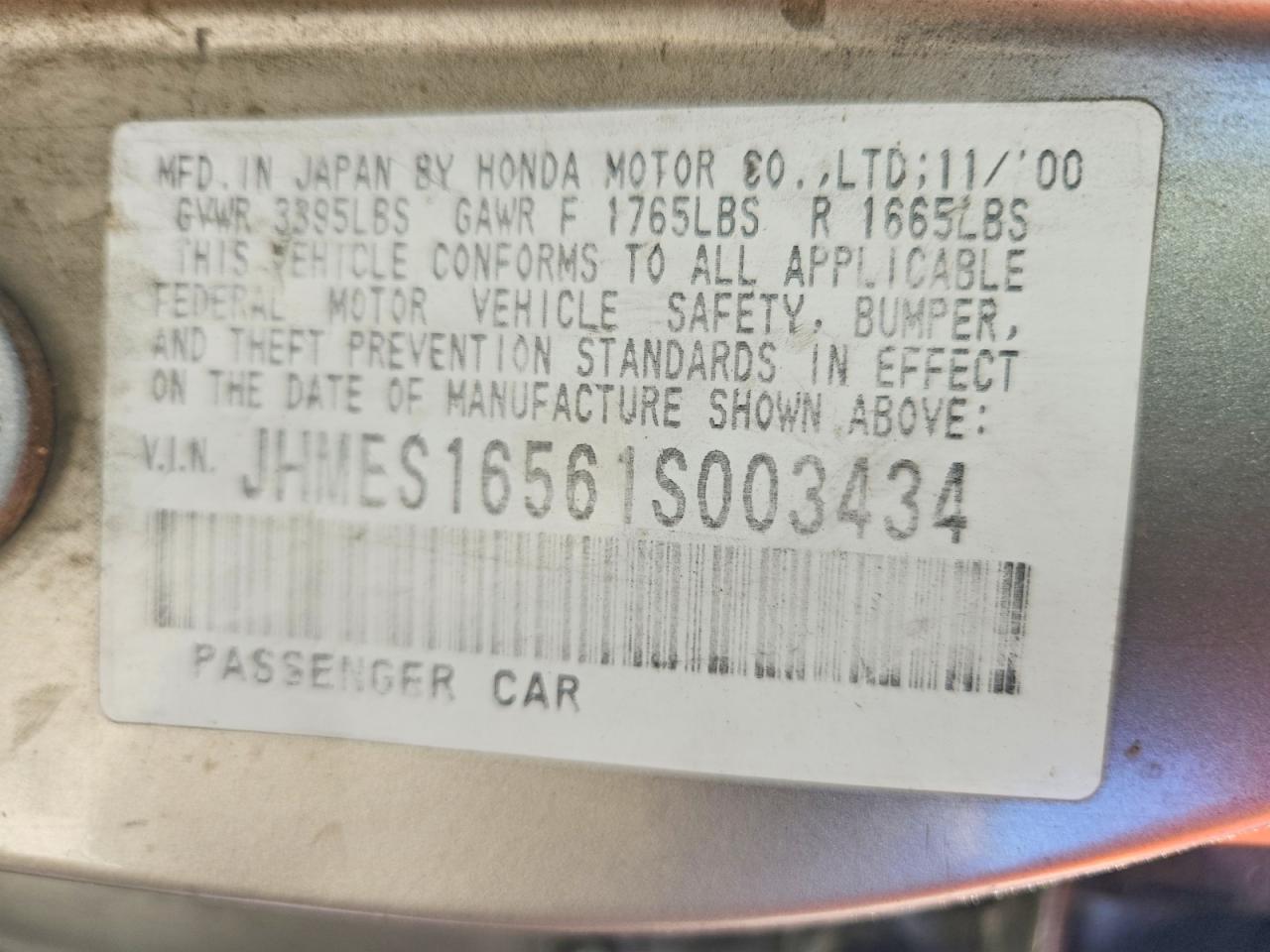 2001 Honda Civic Lx Gray vin: JHMES16561S003434