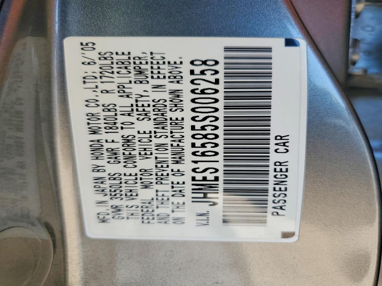 2005 Honda Civic Lx Gray vin: JHMES16585S006258