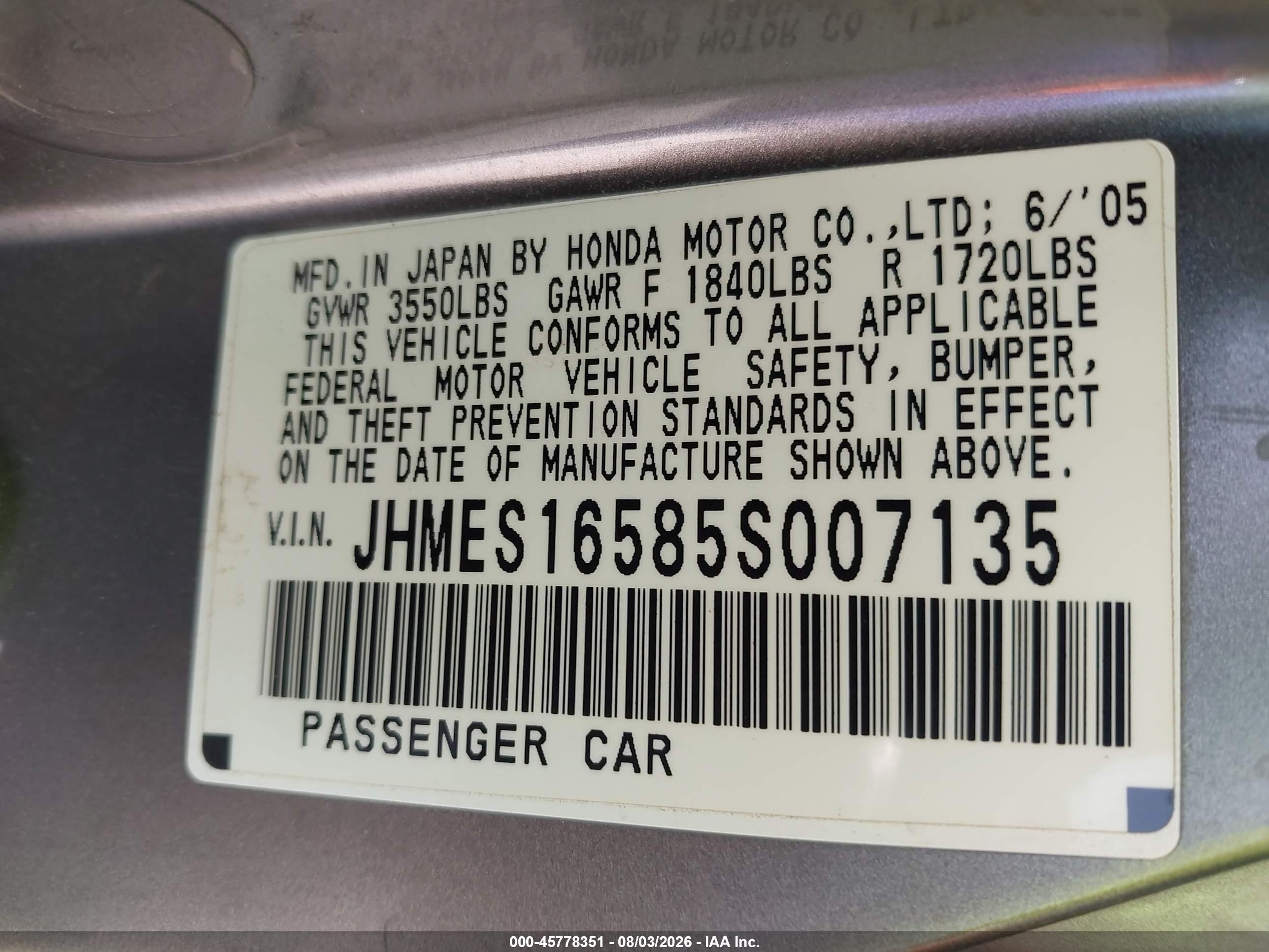 2005 Honda Civic Lx Gray vin: JHMES16585S007135