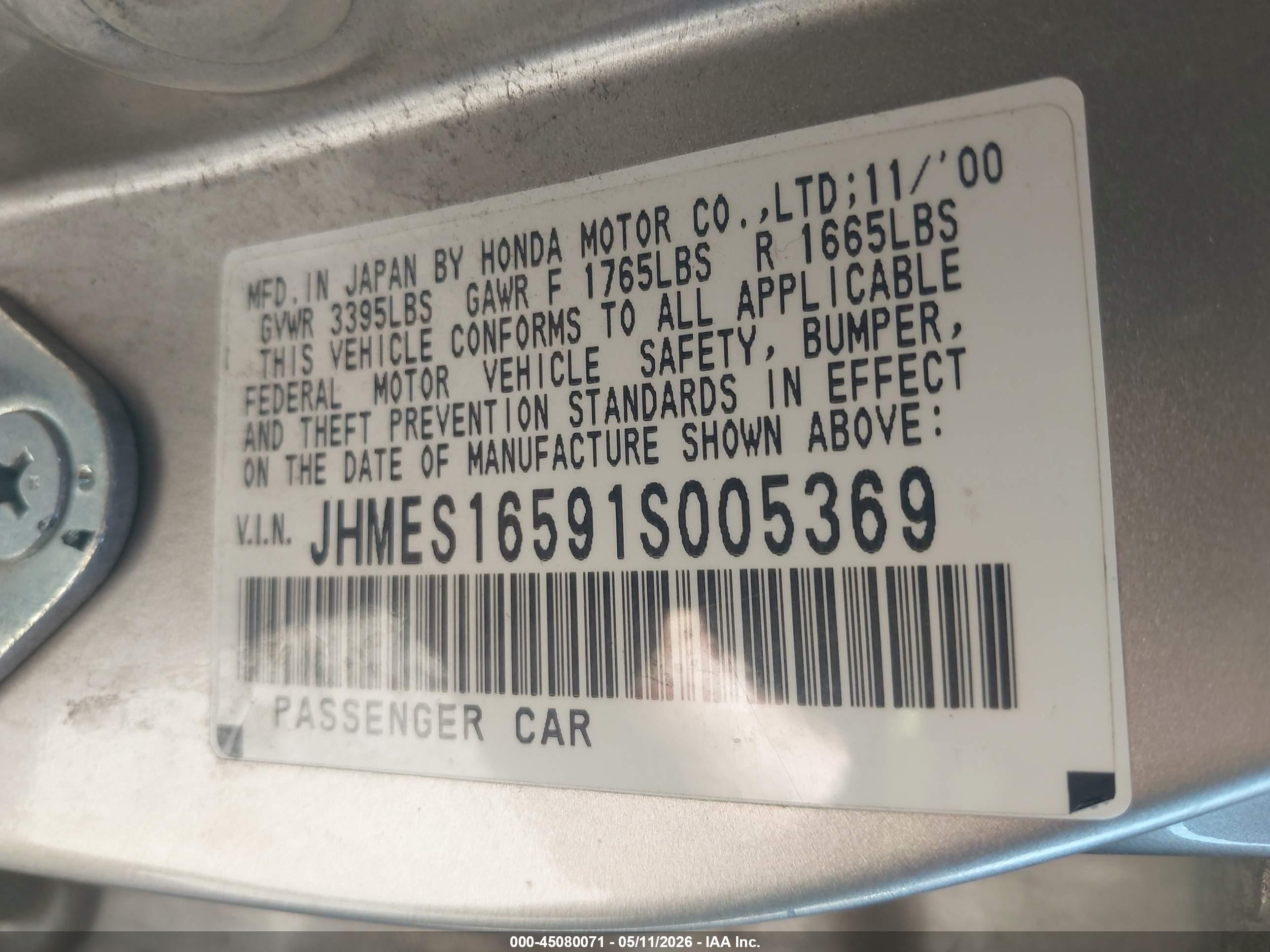2001 Honda Civic Lx Gold vin: JHMES16591S005369