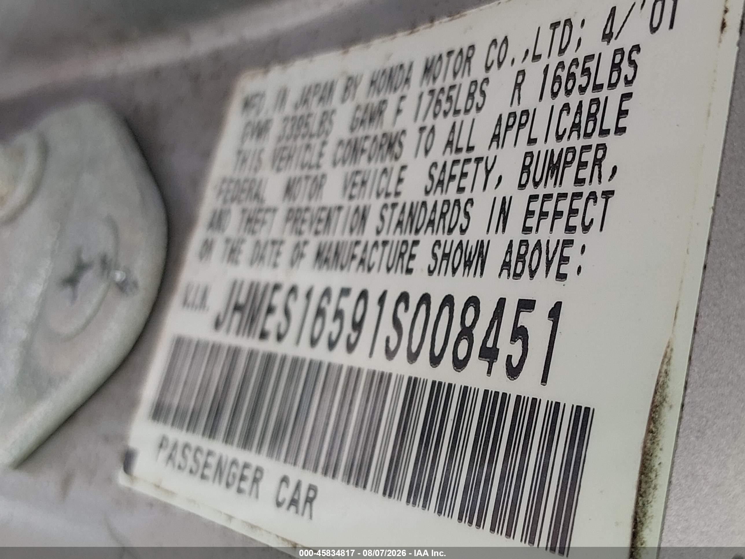 2001 Honda Civic Lx Silver vin: JHMES16591S008451