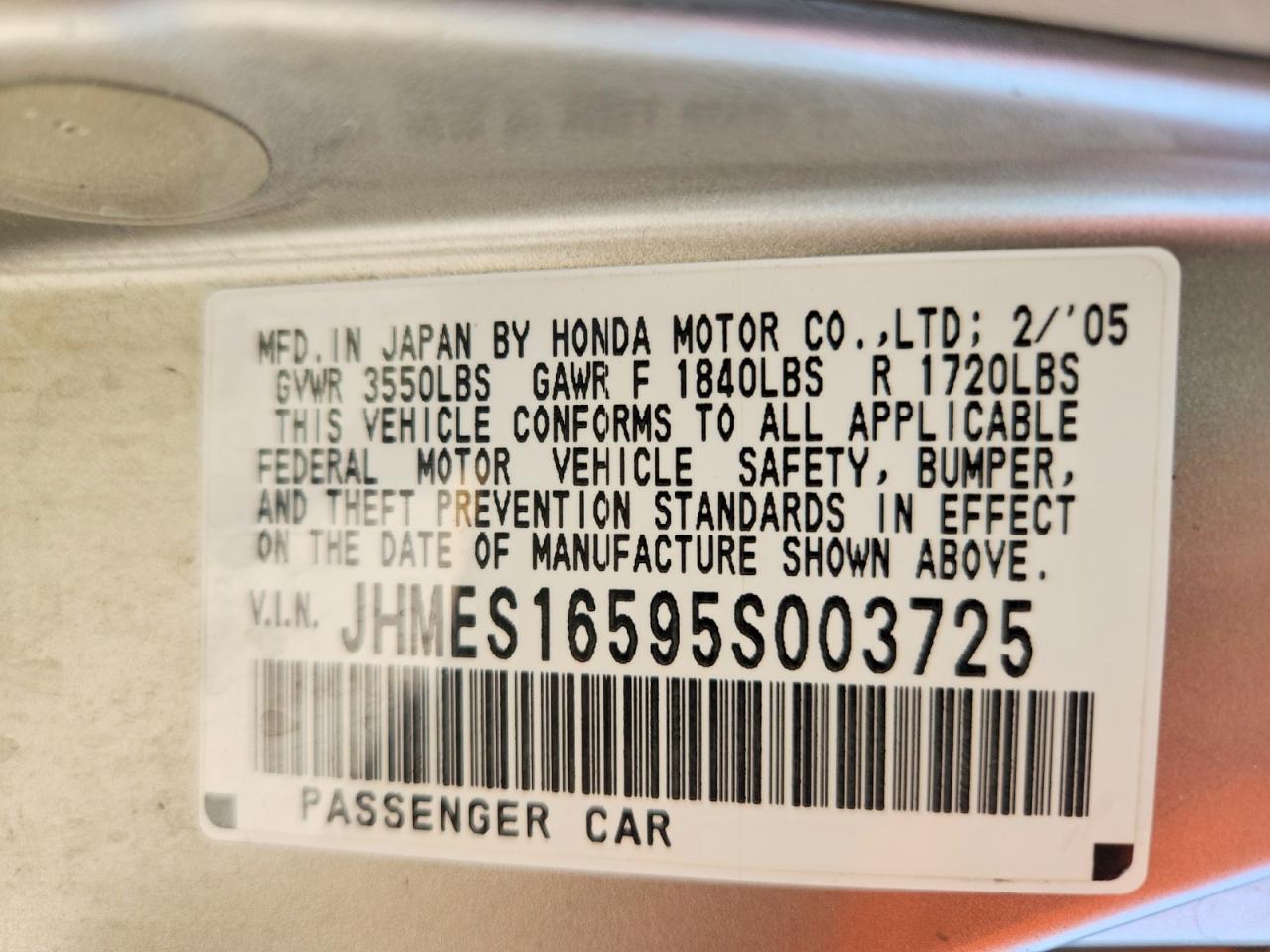2005 Honda Civic Lx Gray vin: JHMES16595S003725