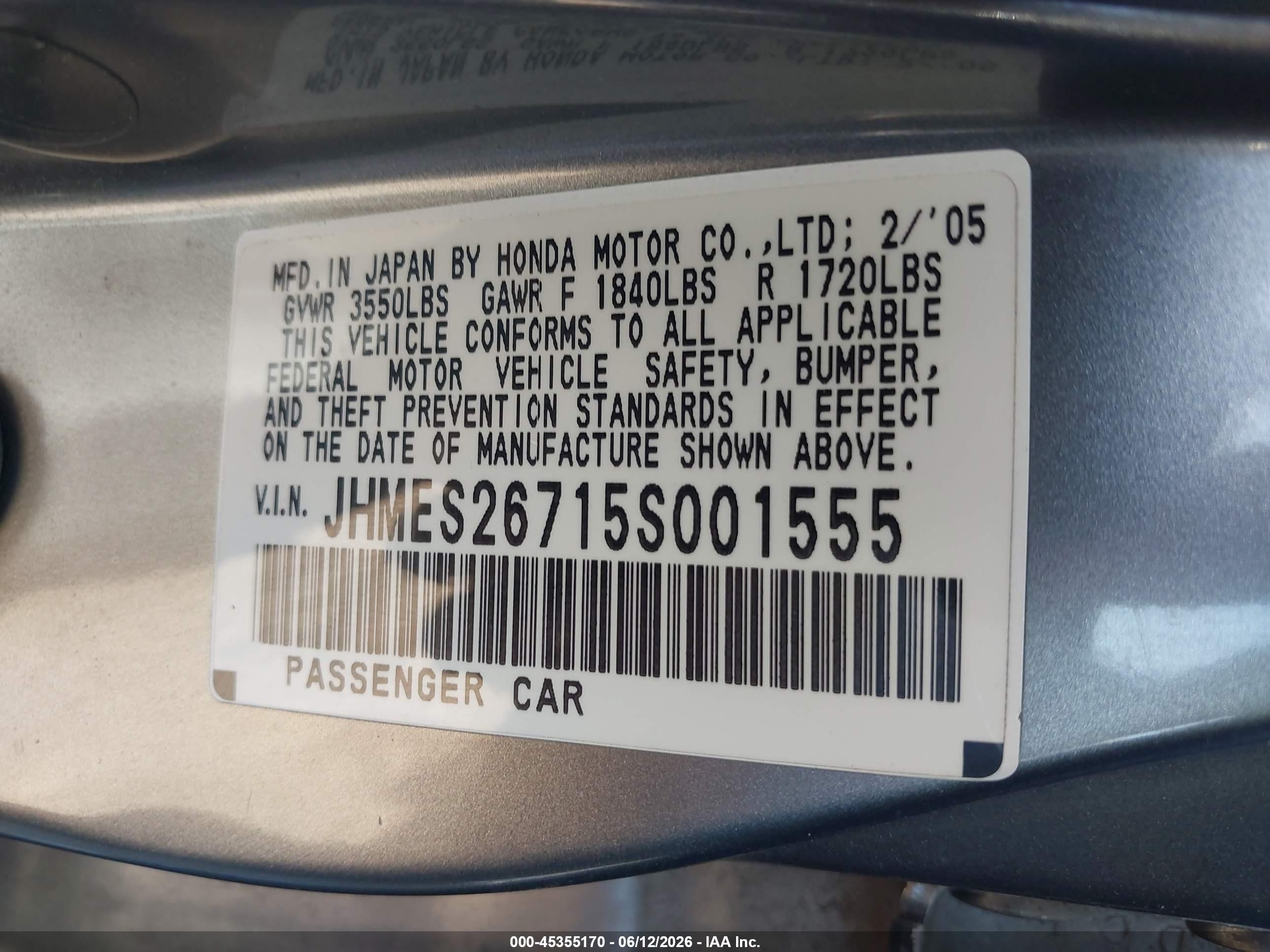 2005 Honda Civic Ex Gray vin: JHMES26715S001555