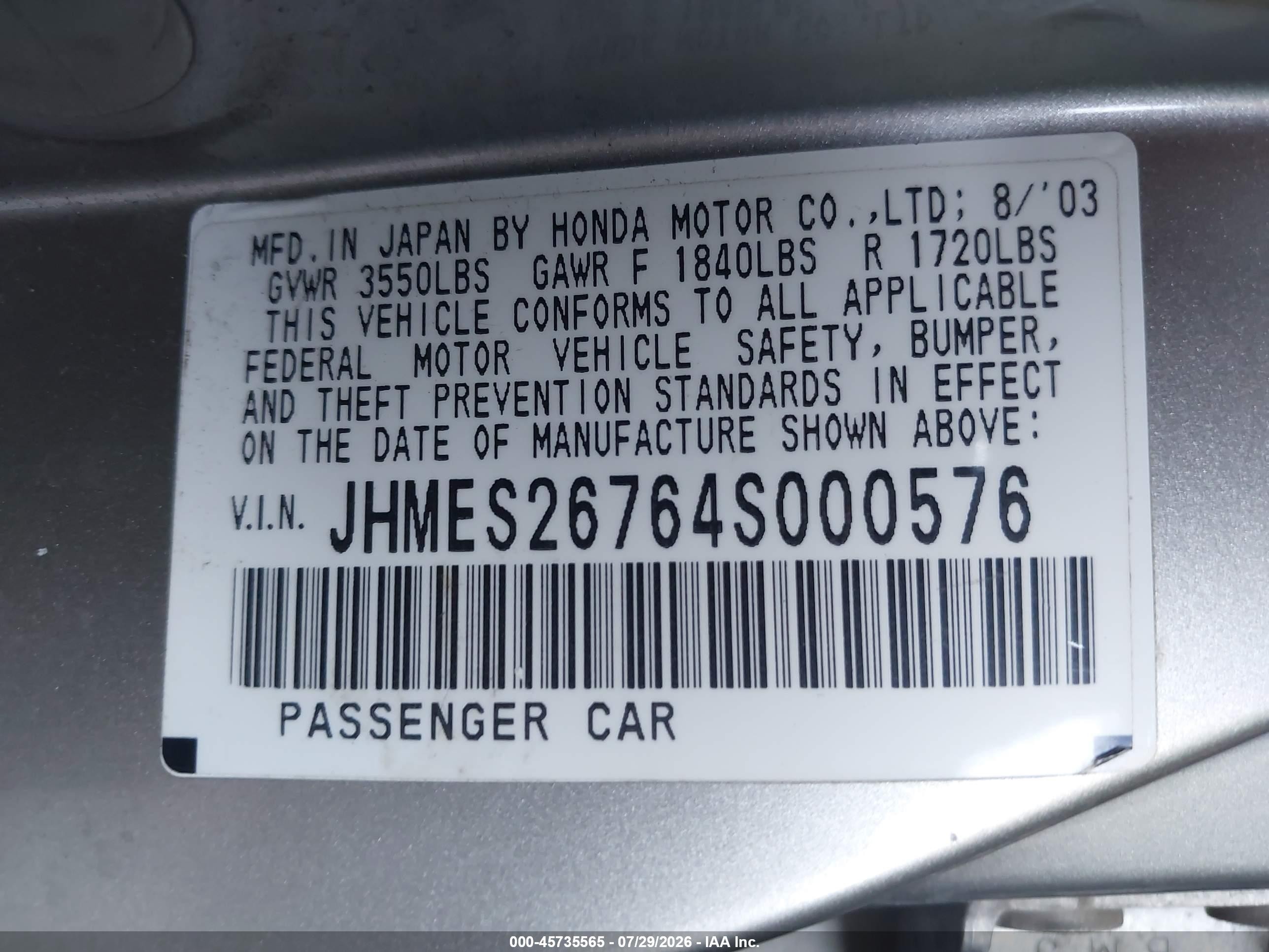 2004 Honda Civic Ex Champagne vin: JHMES26764S000576