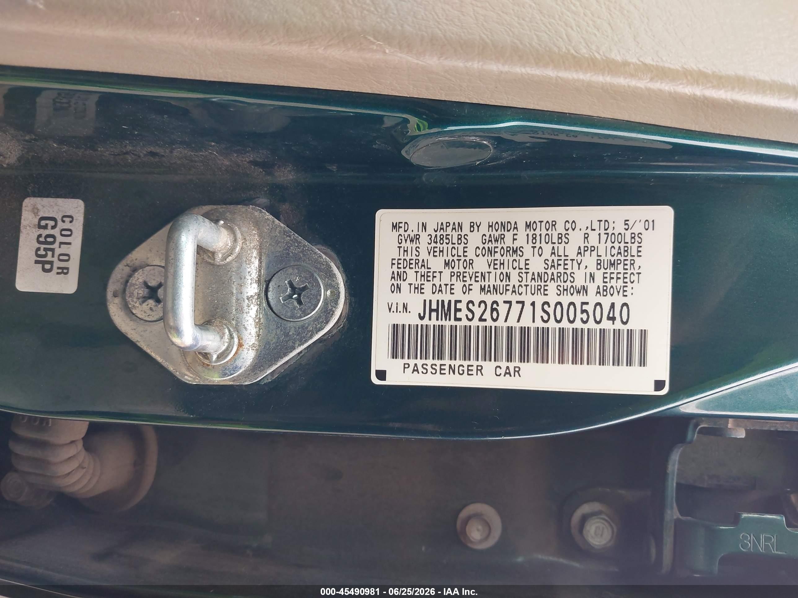 2001 Honda Civic Ex Green vin: JHMES26771S005040