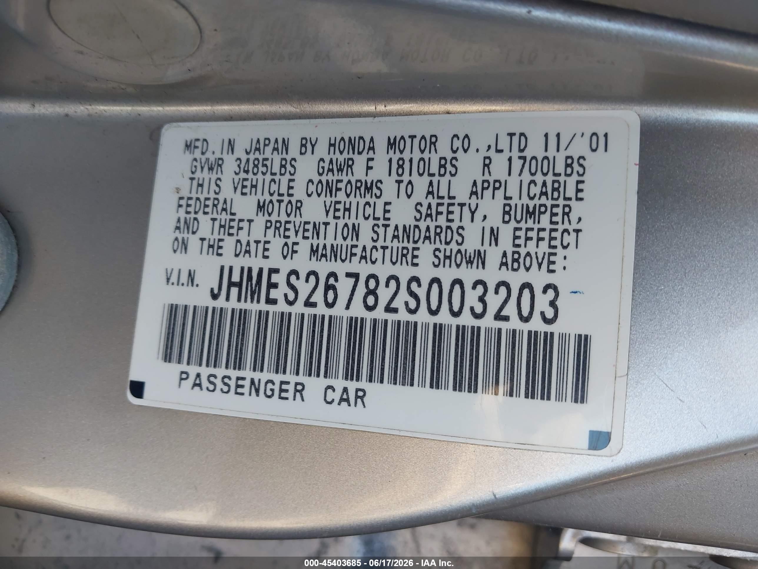 2002 Honda Civic Ex Gray vin: JHMES26782S003203