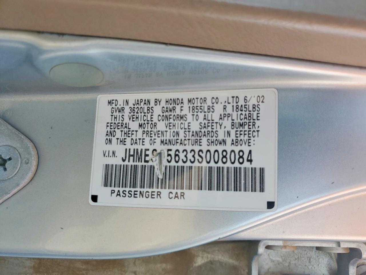 2003 Honda Civic Hybrid Teal vin: JHMES95633S008084