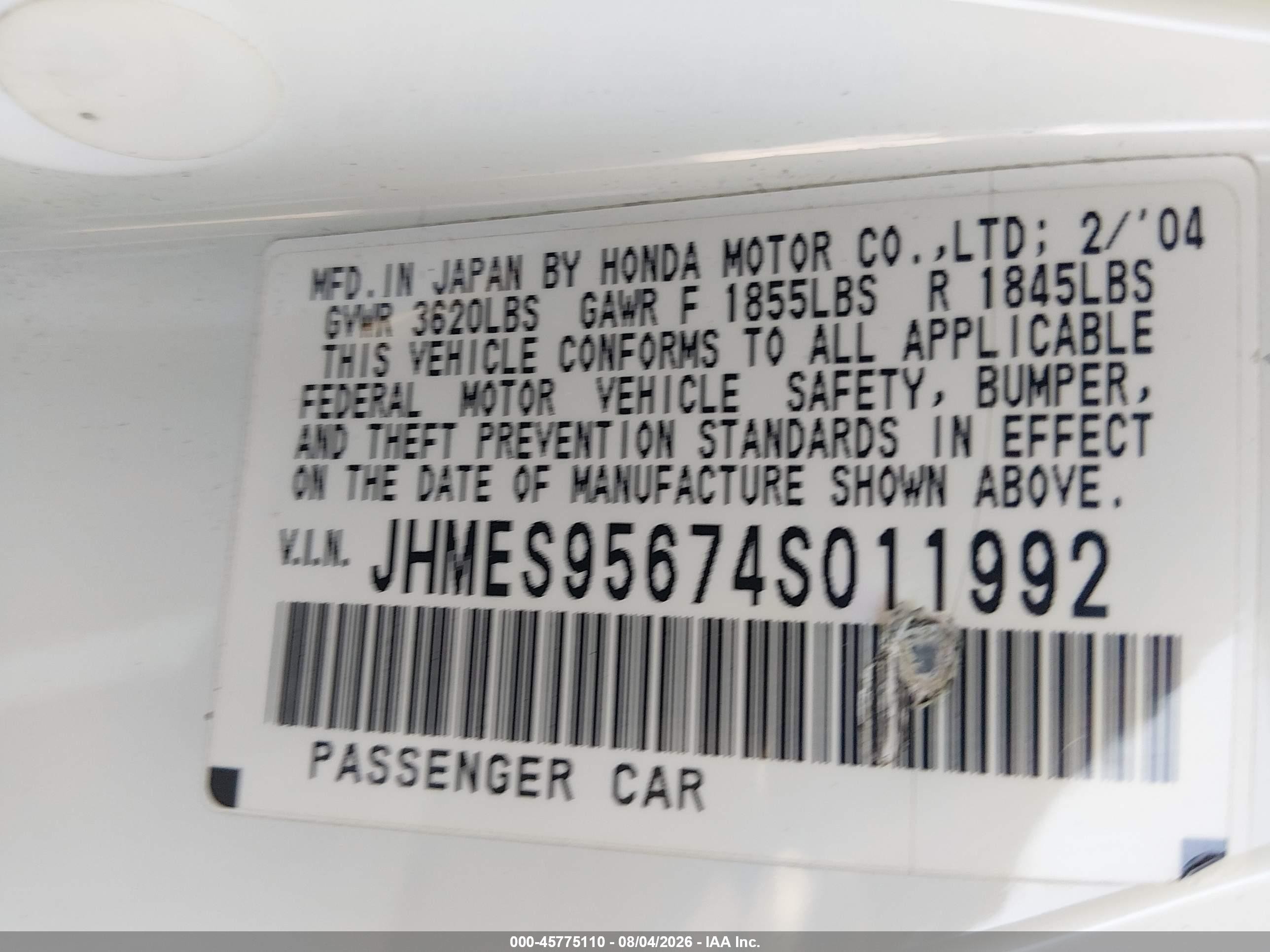 2004 Honda Civic Hybrid White vin: JHMES95674S011992