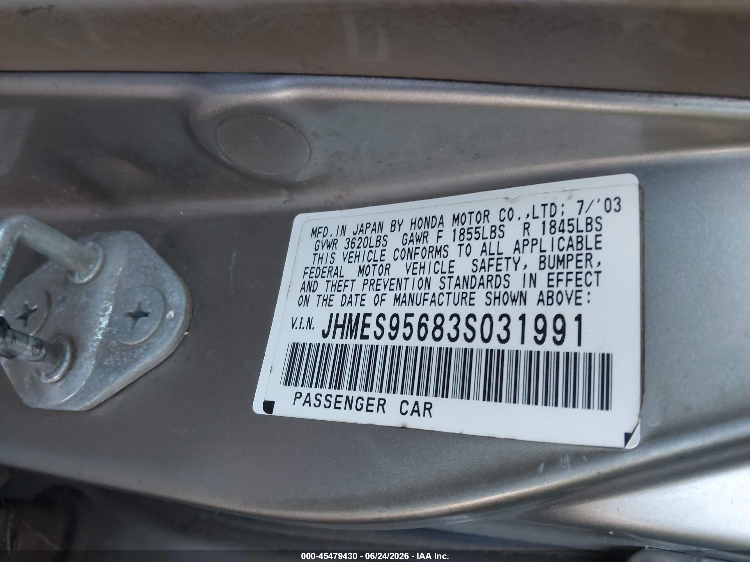 2003 Honda Civic Hybrid Beige vin: JHMES95683S031991