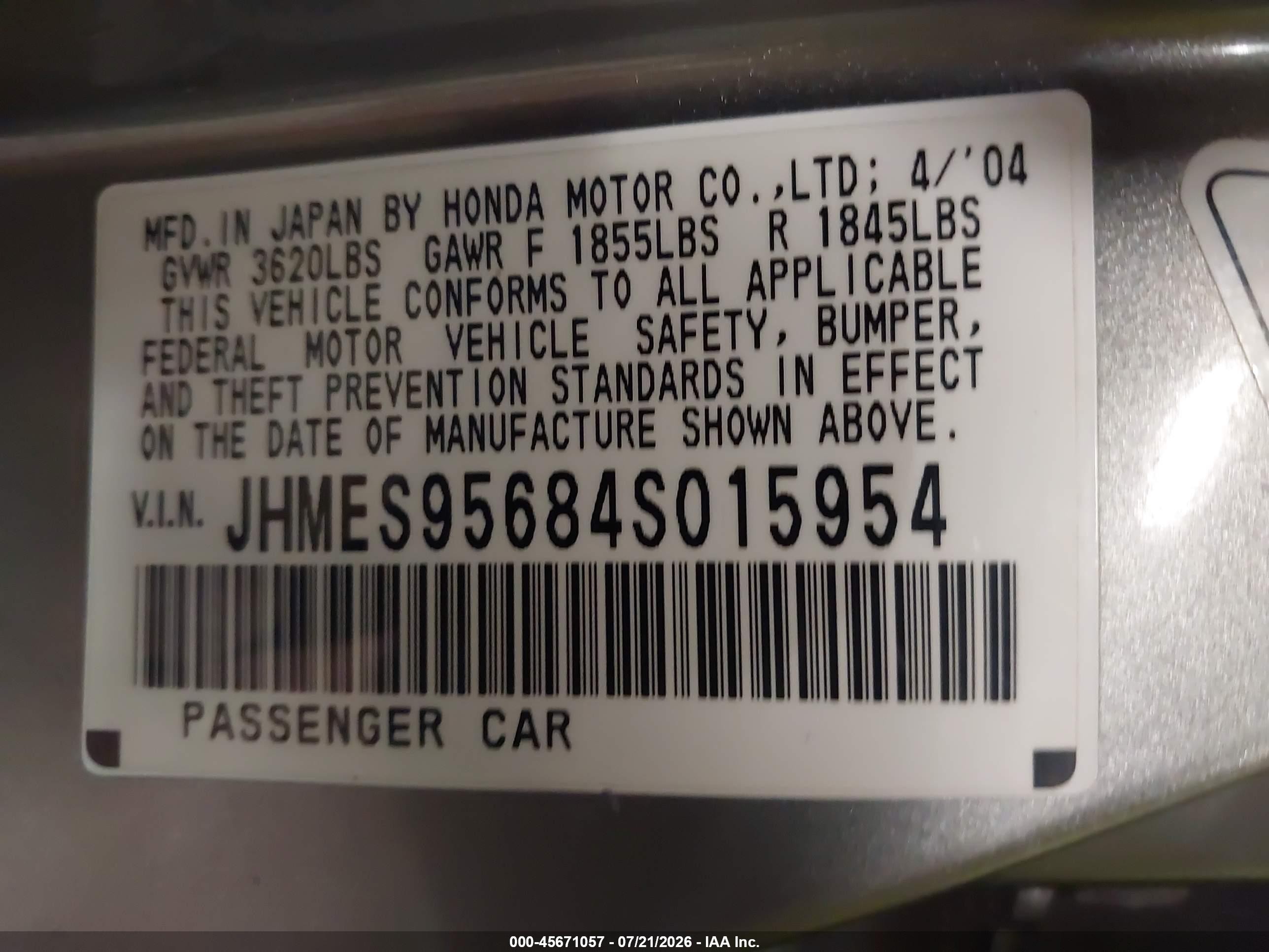 2004 Honda Civic Hybrid Gray vin: JHMES95684S015954
