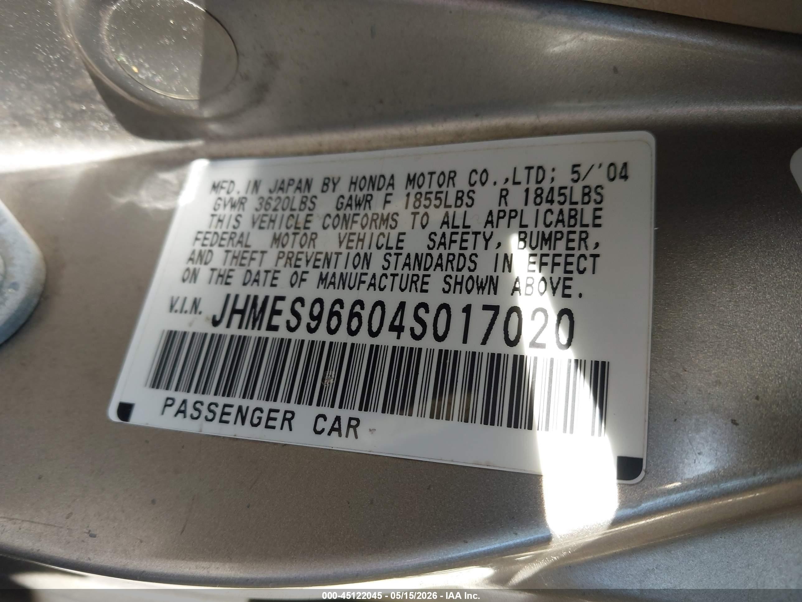 2004 Honda Civic Hybrid Gray vin: JHMES96604S017020