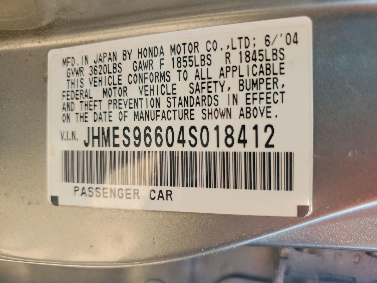 2004 Honda Civic Hybrid Серый vin: JHMES96604S018412