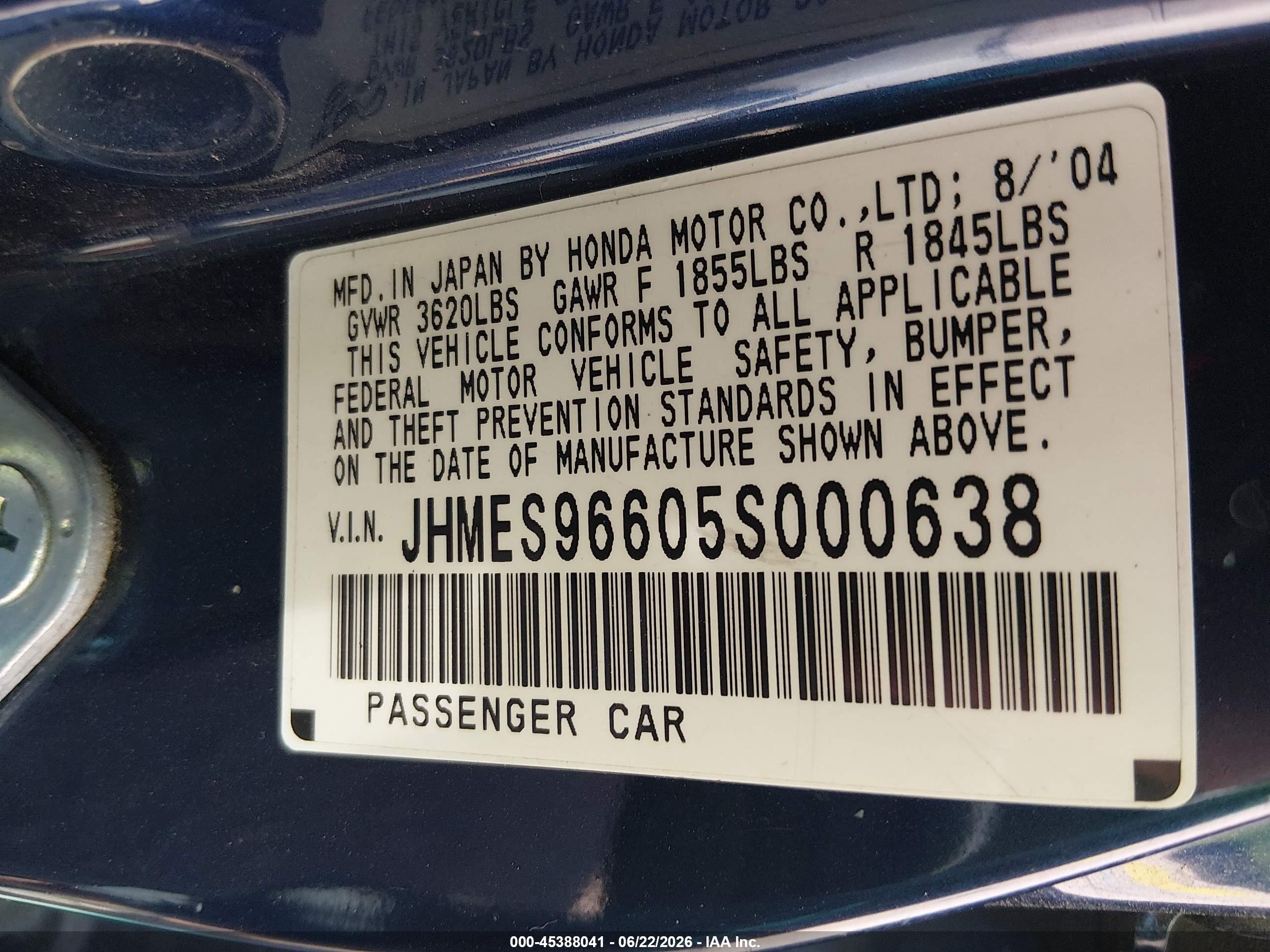 2005 Honda Civic Hybrid   Blue vin: JHMES96605S000638