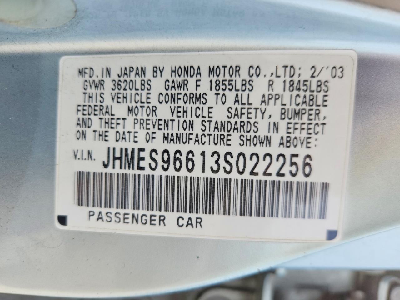 2003 Honda Civic Hybrid Silver vin: JHMES96613S022256