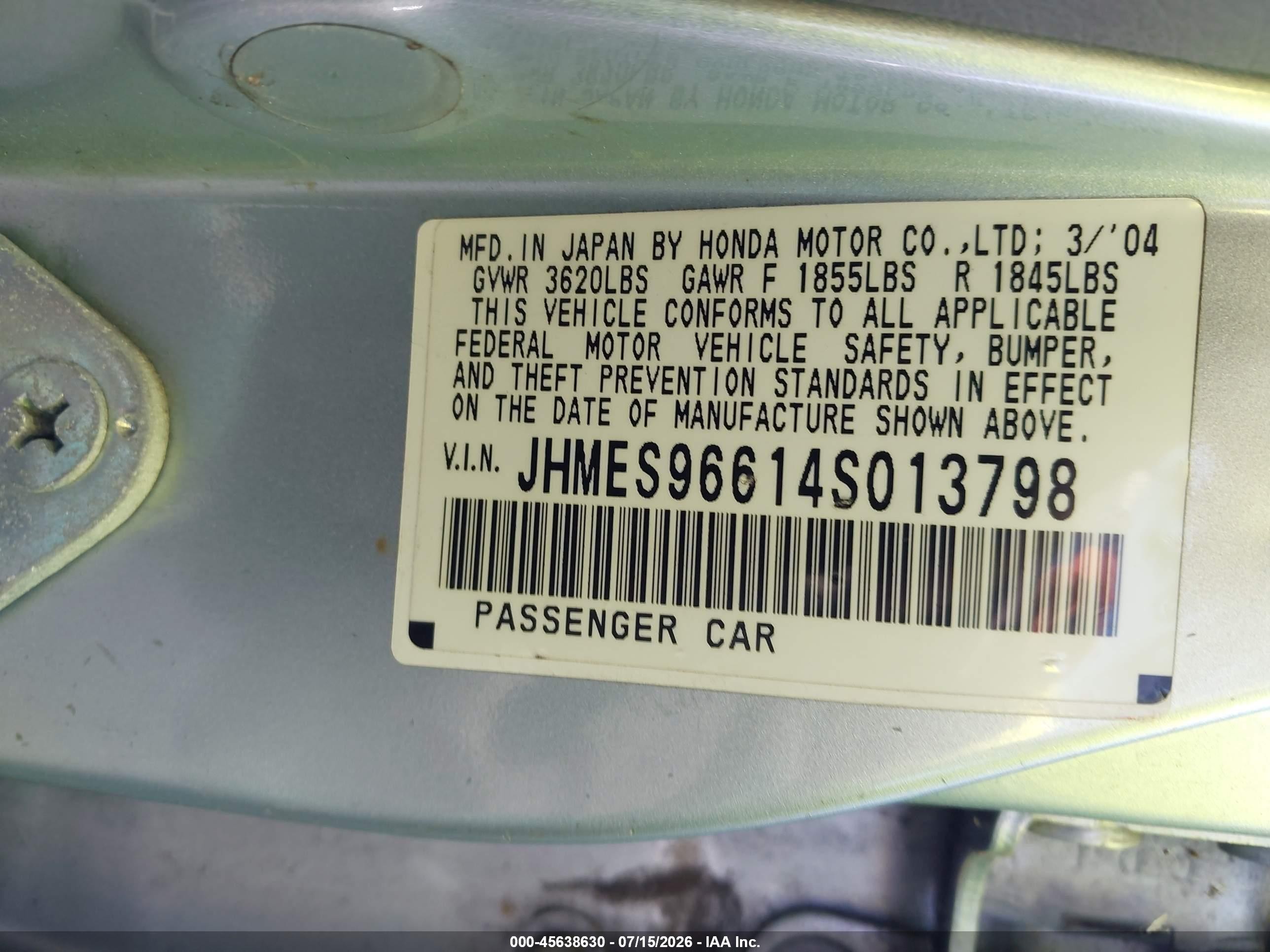 2004 Honda Civic Hybrid Light Blue vin: JHMES96614S013798