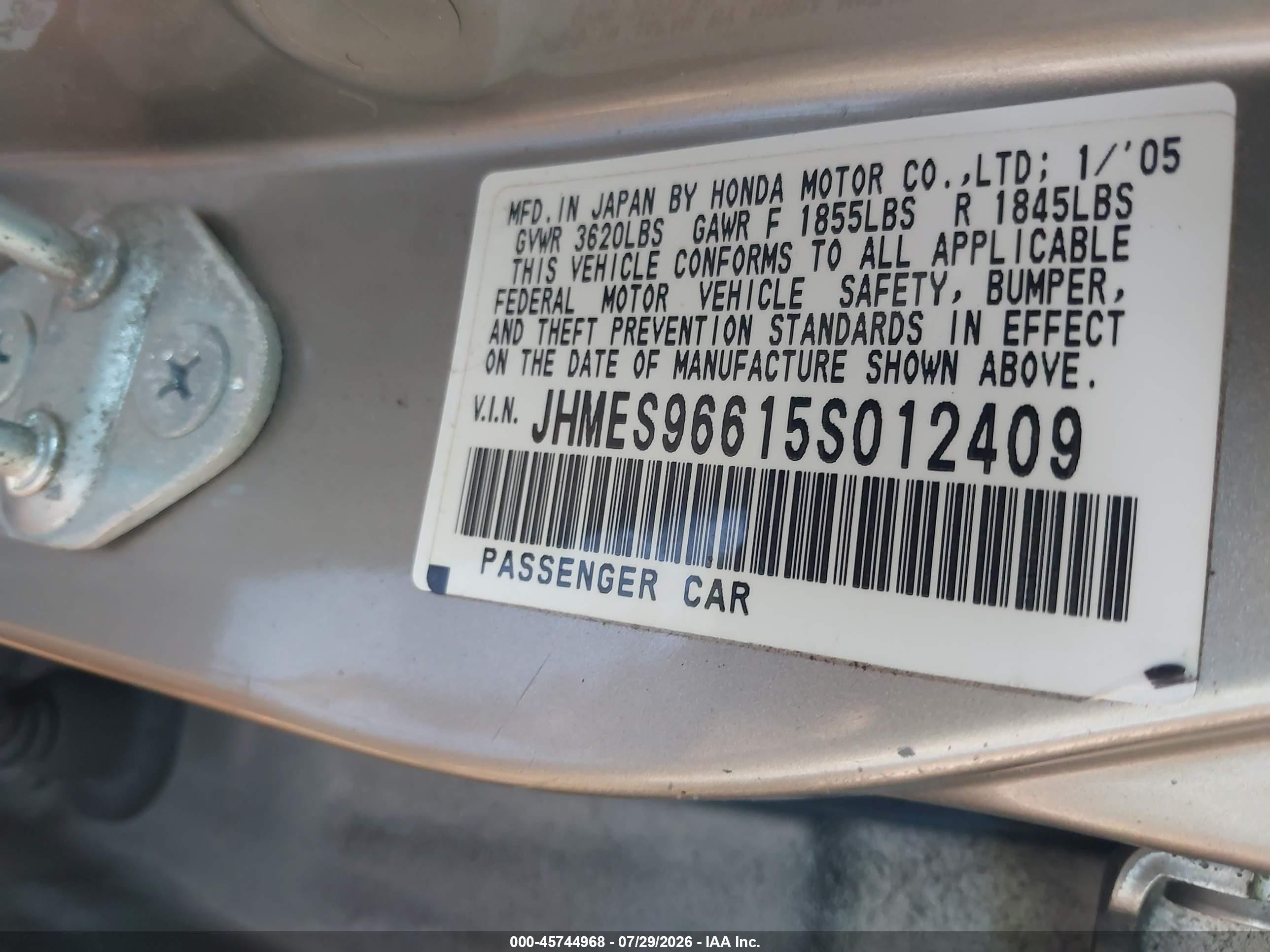 2005 Honda Civic Hybrid   Silver vin: JHMES96615S012409