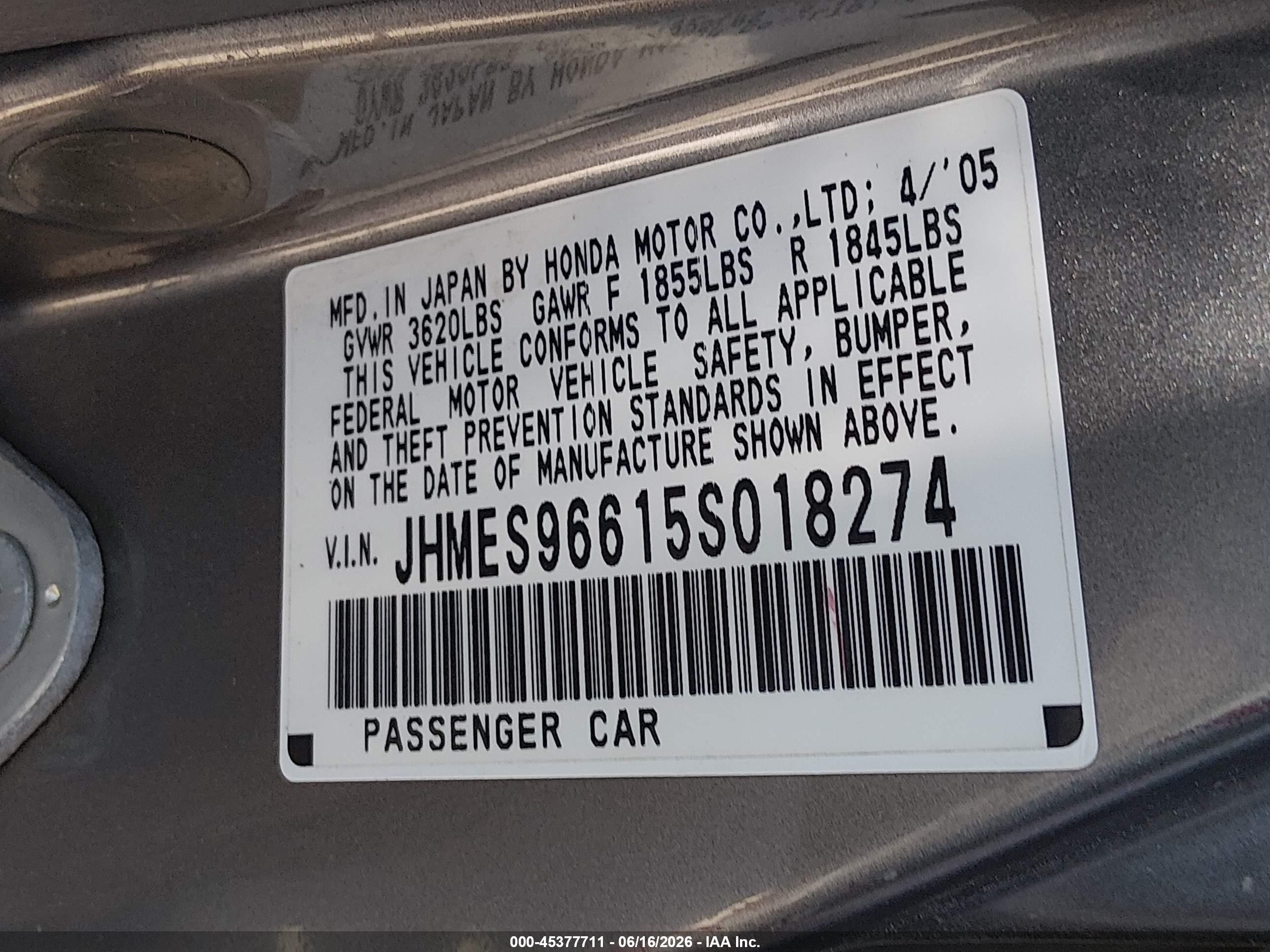 2005 Honda Civic Hybrid   Gray vin: JHMES96615S018274