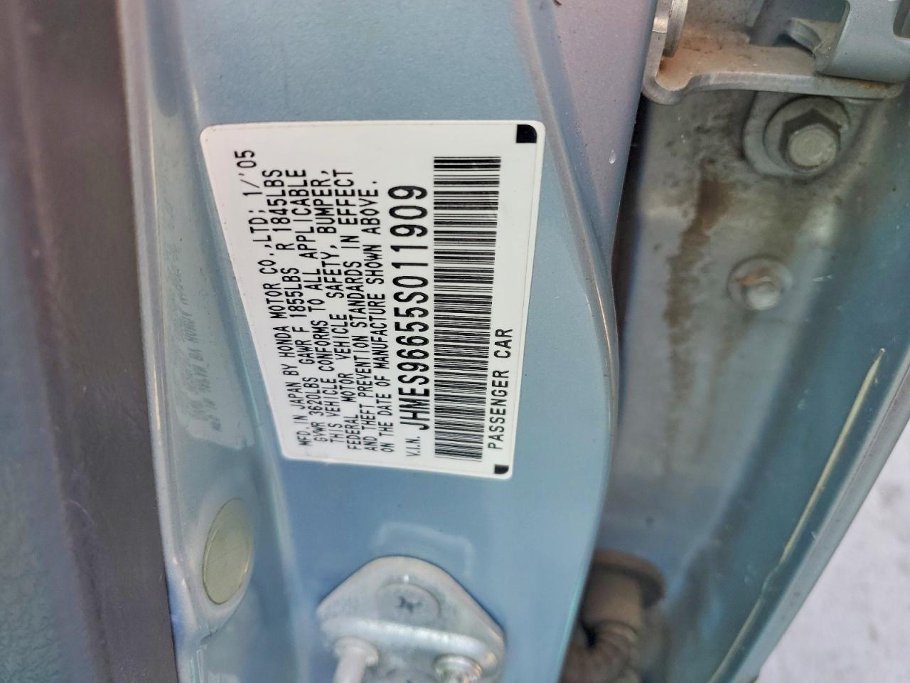 2005 Honda Civic Hybrid Blue vin: JHMES96655S011909