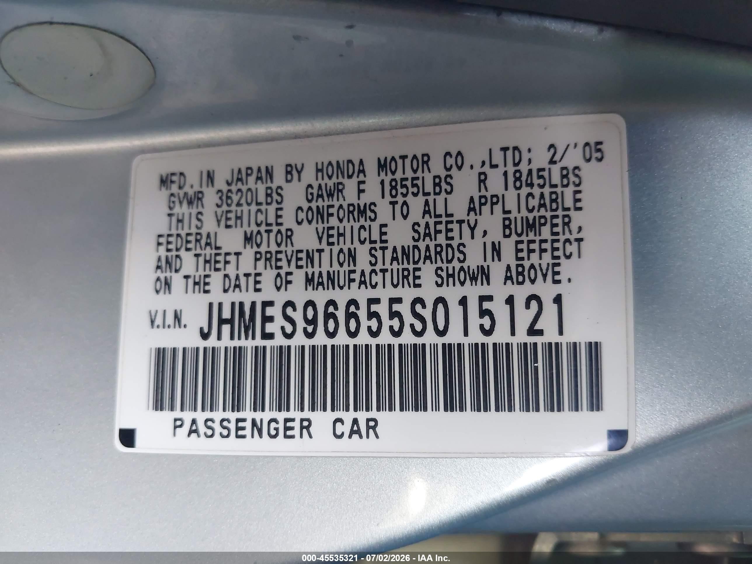 2005 Honda Civic Hybrid   Blue vin: JHMES96655S015121