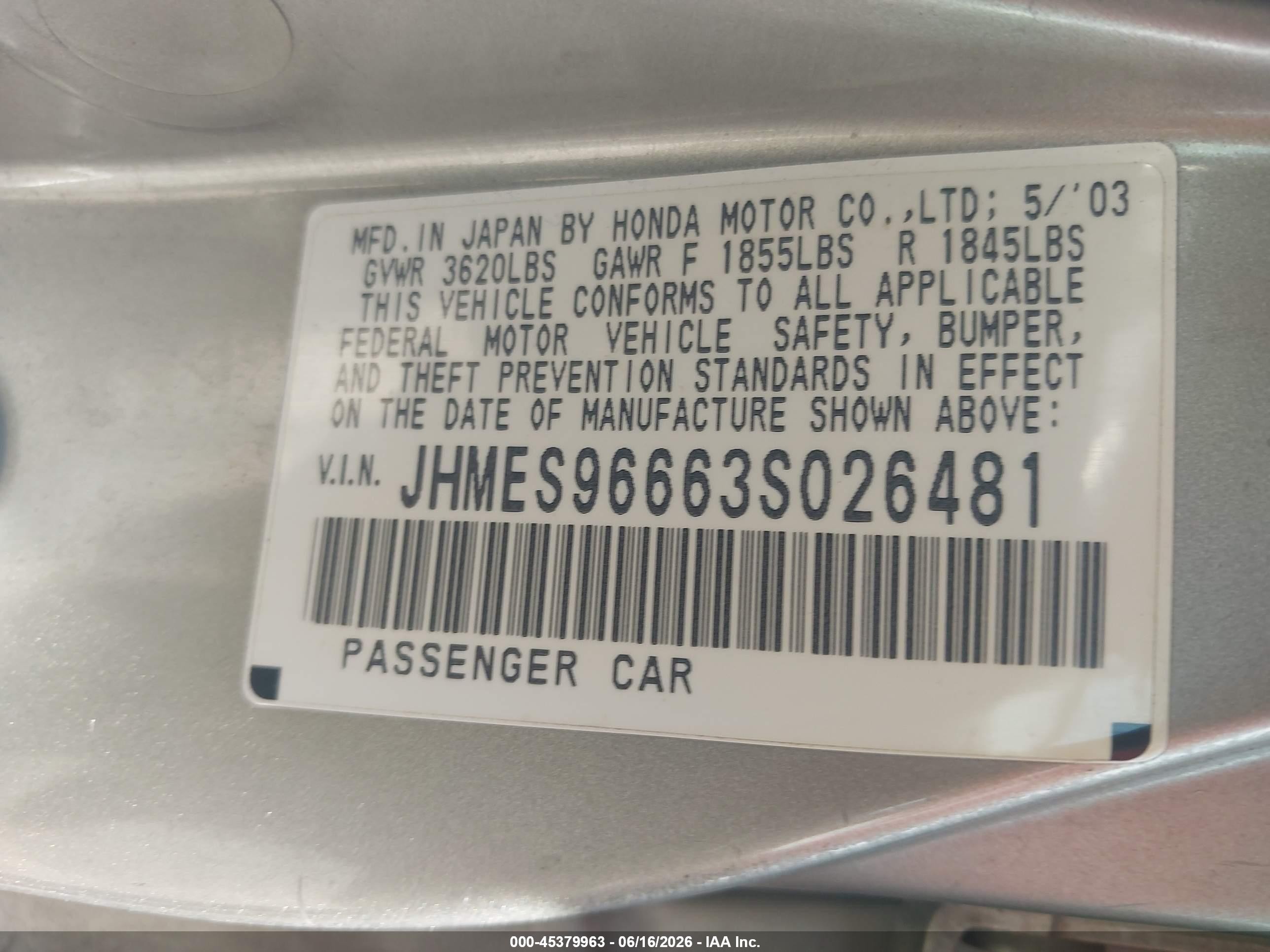 2003 Honda Civic Hybrid Gray vin: JHMES96663S026481