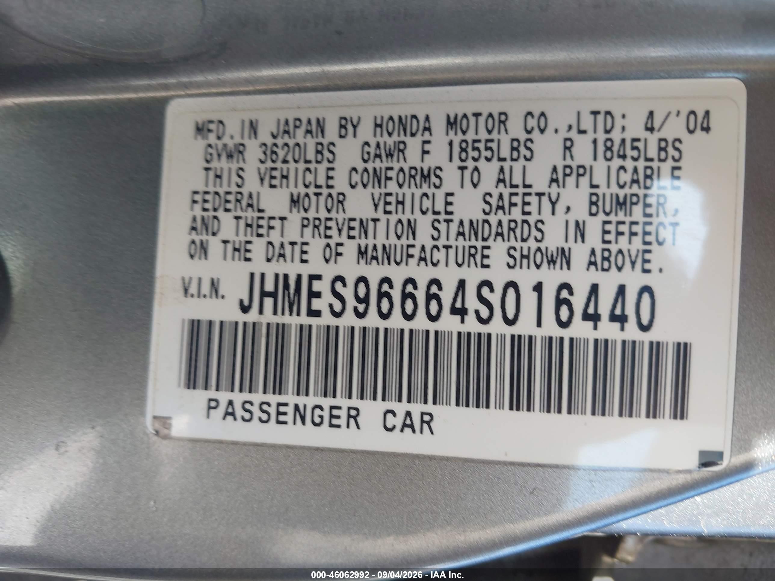 2004 Honda Civic Hybrid Gray vin: JHMES96664S016440