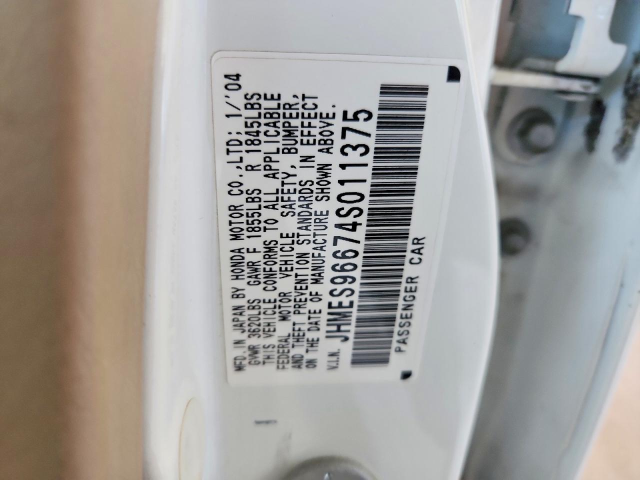 2004 Honda Civic Hybrid Белый vin: JHMES96674S011375