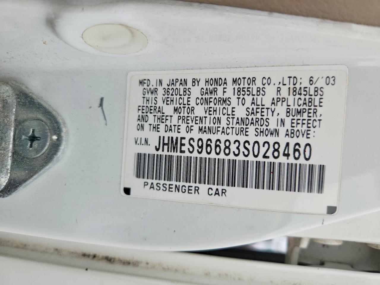2003 Honda Civic Hybrid White vin: JHMES96683S028460