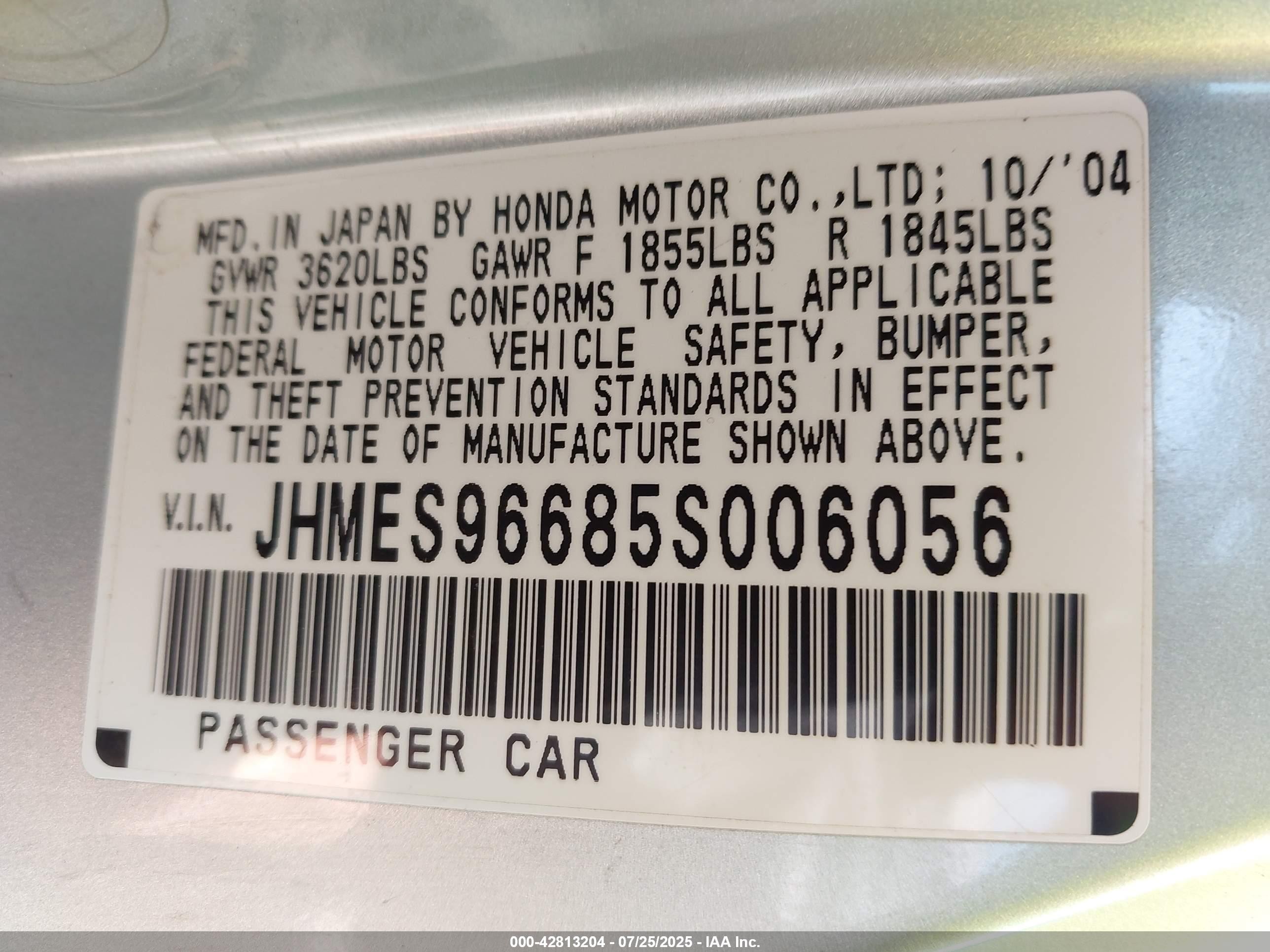 2005 Honda Civic Hybrid Серебряный vin: JHMES96685S006056