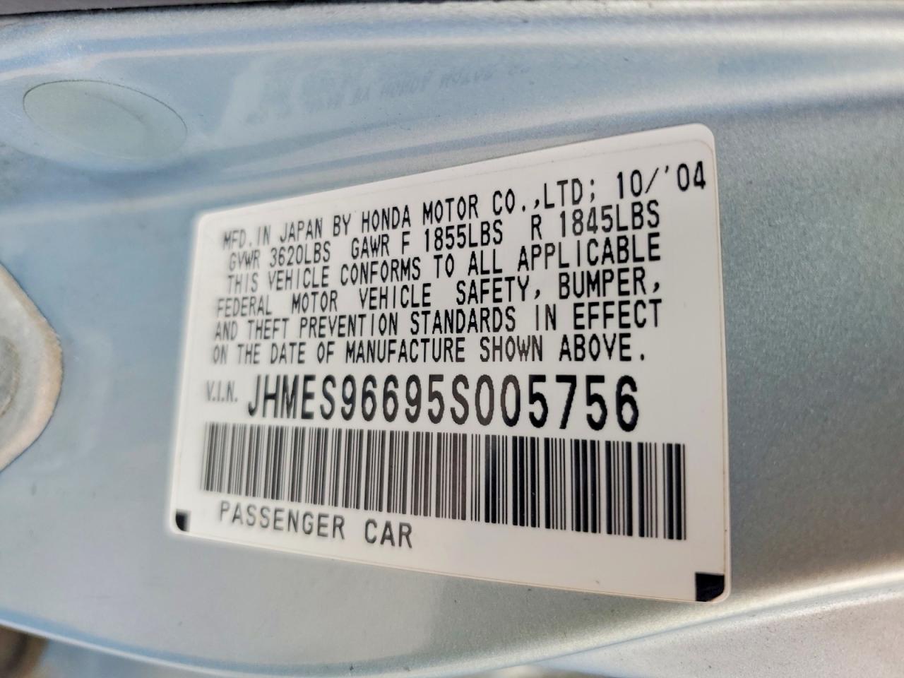 2005 Honda Civic Hybrid Blue vin: JHMES96695S005756