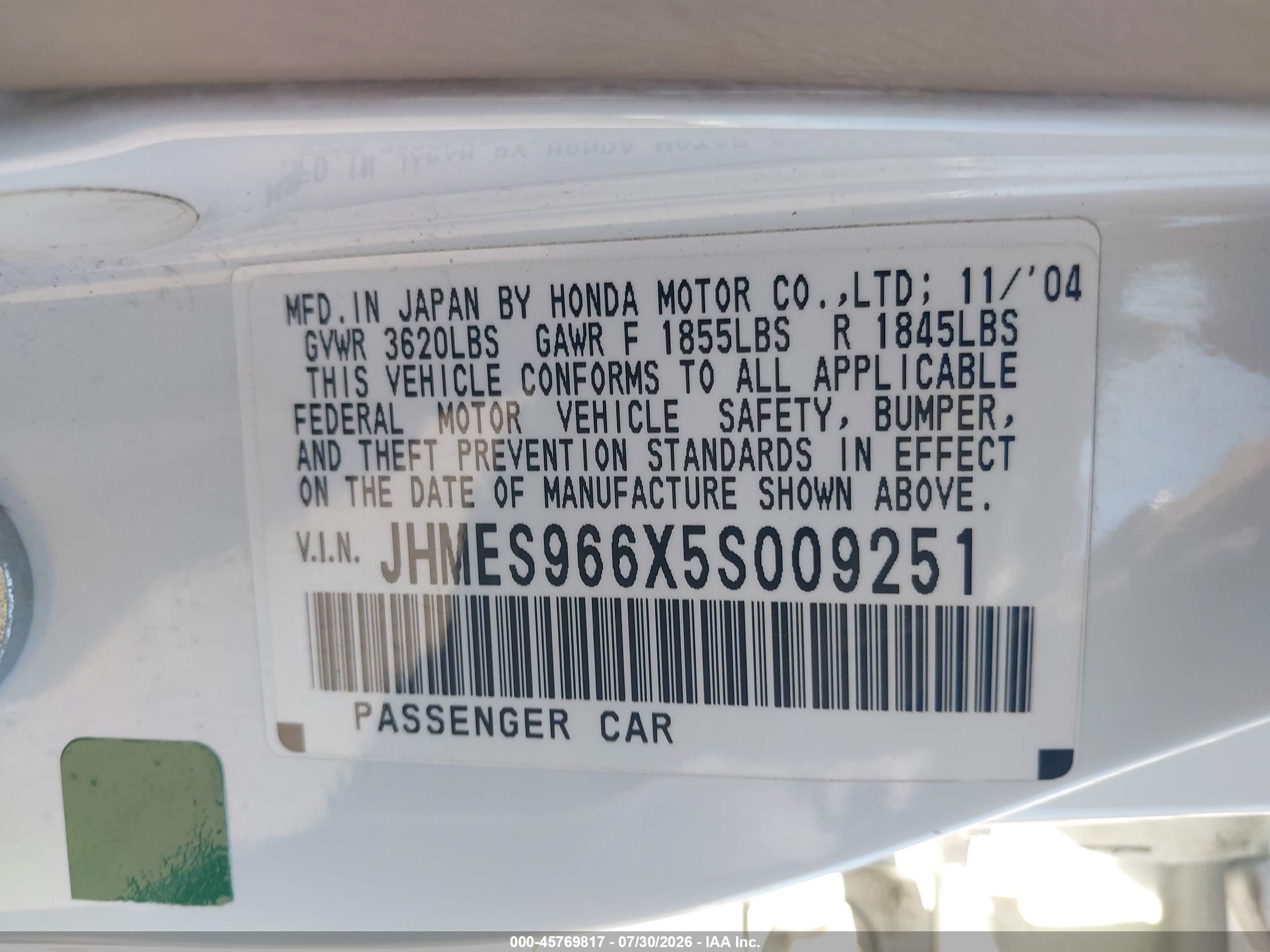2005 Honda Civic Hybrid   White vin: JHMES966X5S009251