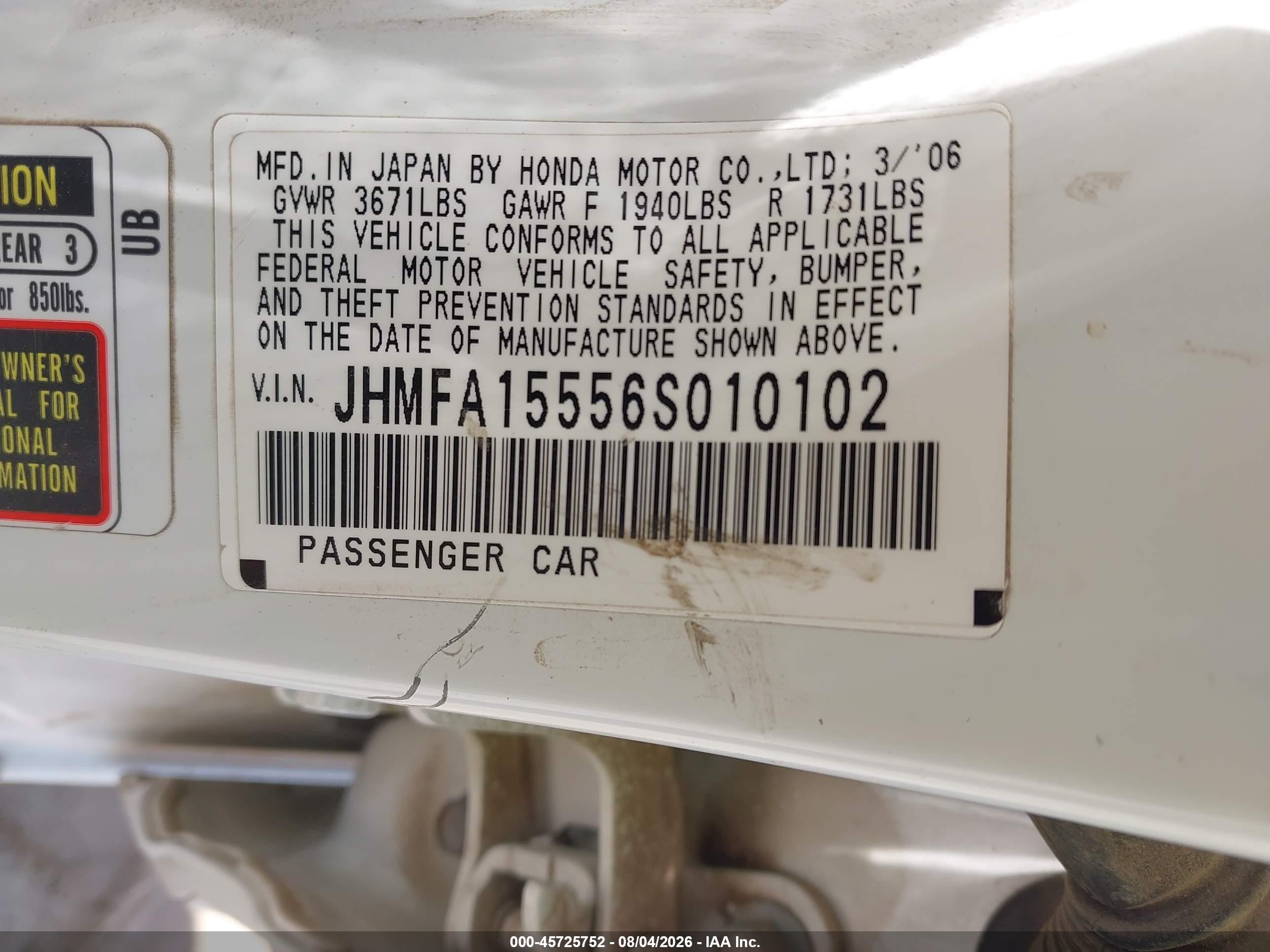 2006 Honda Civic Lx White vin: JHMFA15556S010102
